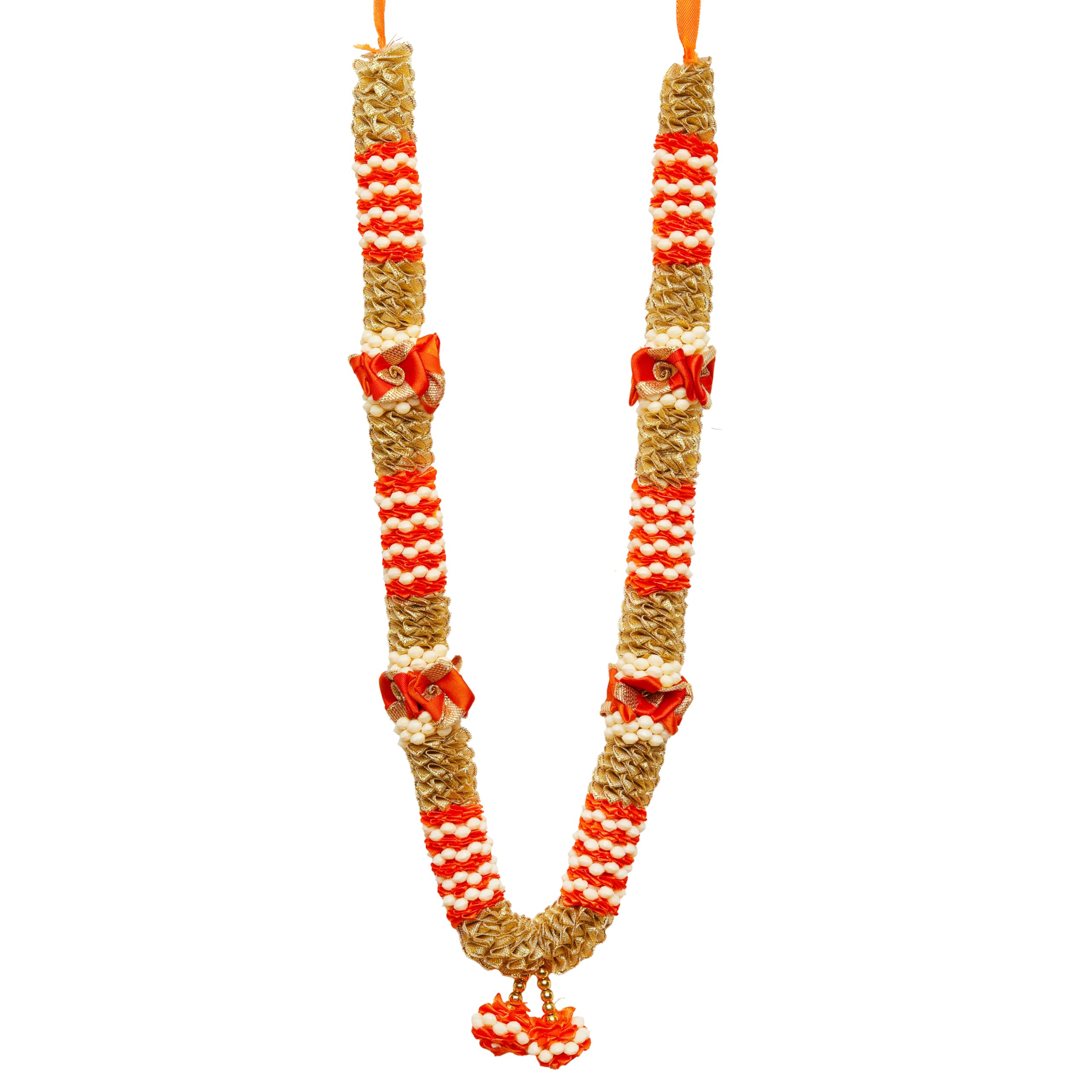 Aditri Creation Artificial Mala Flowers Ribbon Garland Haar for Idol-Mala for God, Indian Traditional Pooja Sringar Articles Ornament for Multipurpose Pooja Decoration (Size 17")(Orange and Golden)