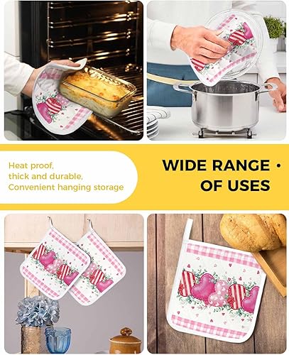 Miniatura 5 de 2 Packs Valentine's Stripes Love Pot Holders Sets for Kitchen,Oven Pan Plate Bowl Pads Heat Proof Mat with Hanging Loop,Terry Cloth Potholders Soft