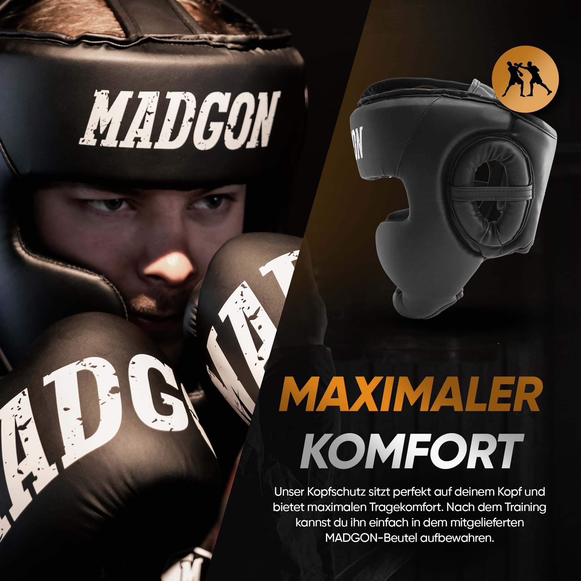 MADGON Premium Kopfschutz, Boxhelm mit Perfekter Sicht und maximalem Schutz, Gesichtsschutz für Kampfsport, MMA, Boxen, Kickboxen & Sparring