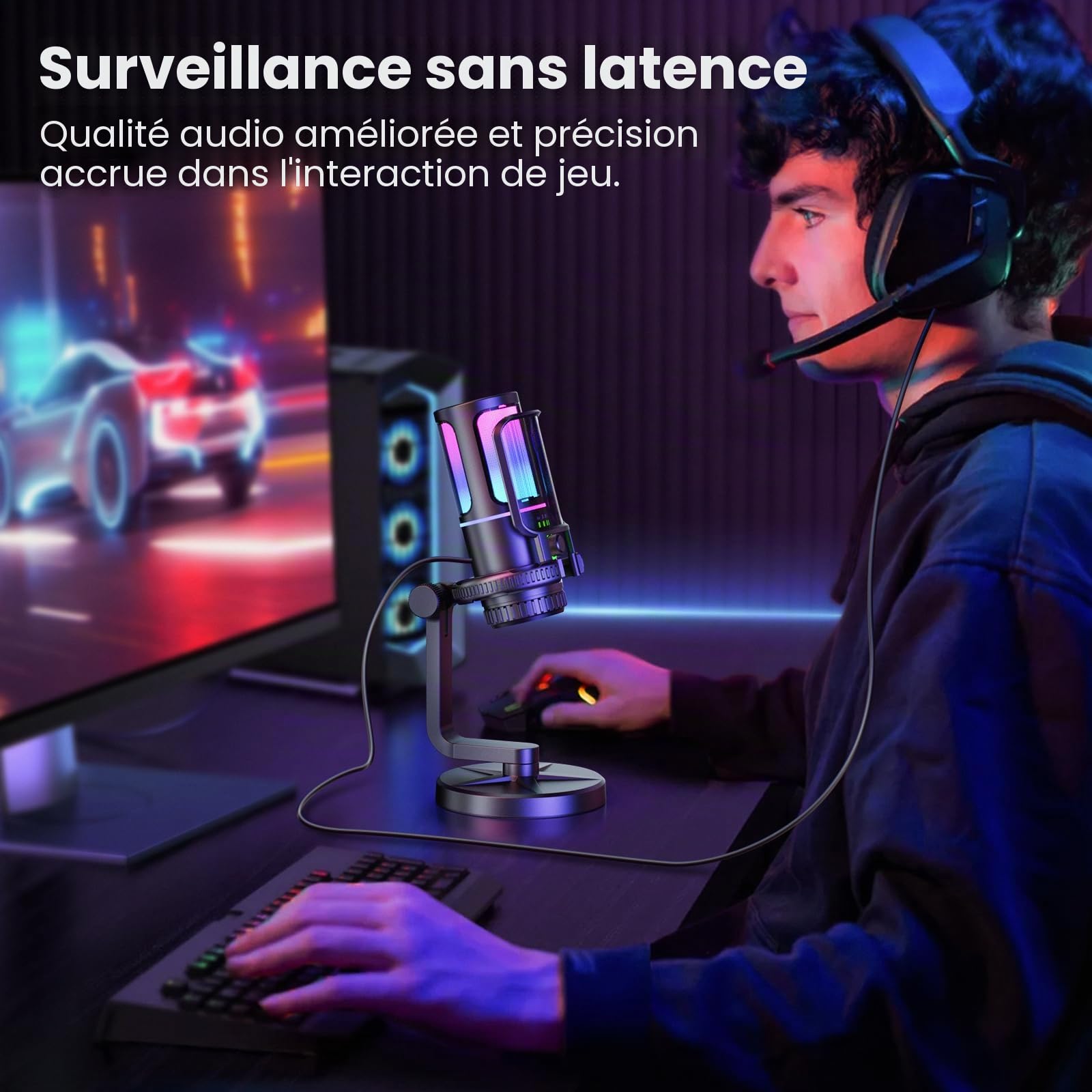 SINWE Micro Gaming USB avec Réduction du Bruit et Contrôle du Gain - Micro pour PC, PS4/5, Streaming, Gaming et Podcasts - Inclut Filtre Anti-pop, Suspension, Muet Rapide et Éclairage RGB
