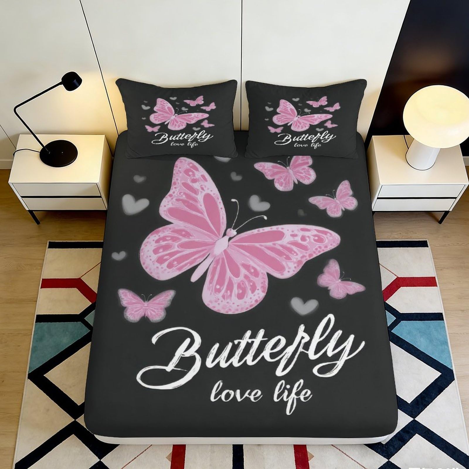 Jqzkxnhpbr Style-1 3D Printed Pink Butterfly Fitted Sheet Microfiber Soft Non-Slip Black Bed Cover For Bedroom Guest Room Dorm Mattress Protection 90X200x25cm