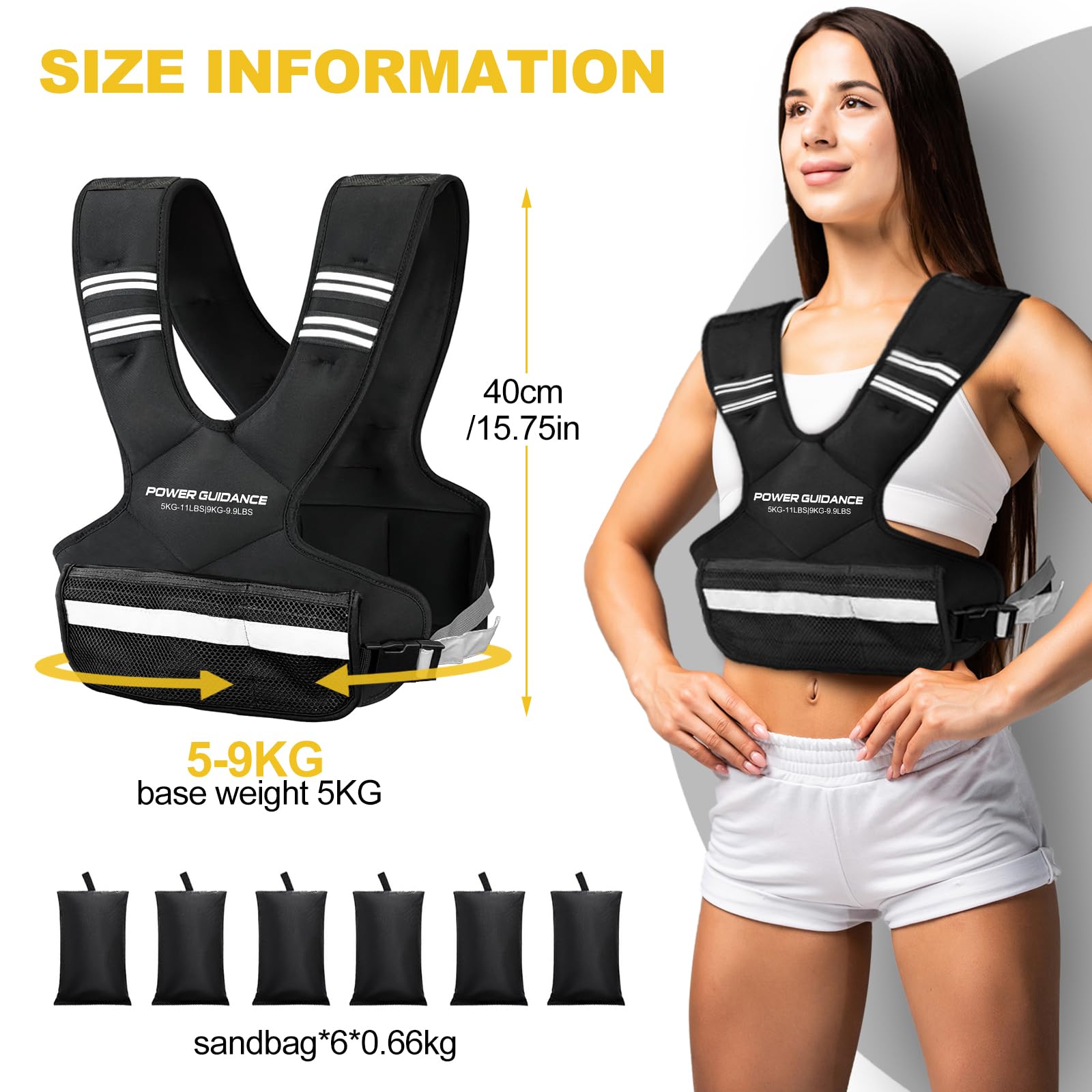 POWER GUIDANCE Kamizelka obciążeniowa 5-9 kg/9-14,4 kg, regulowana, z odblaskowymi paskami, kamizelka do biegania i treningu siłowego, joggingu, oddychająca konstrukcja, dla mężczyzn i kobiet