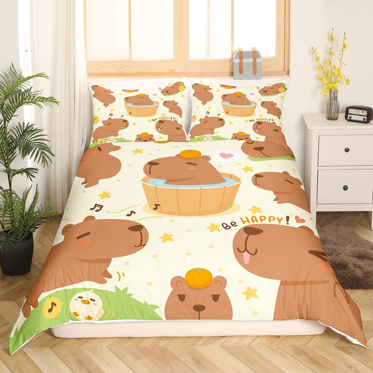 Homemissing Set di Biancheria da Letto con Motivo Cartone Animato di Capybara, Copripiumino Marrone Divertente e Carino per Bambini, Ragazzi e Ragazze, Copripiumino con Stampa di Capybara Floreale
