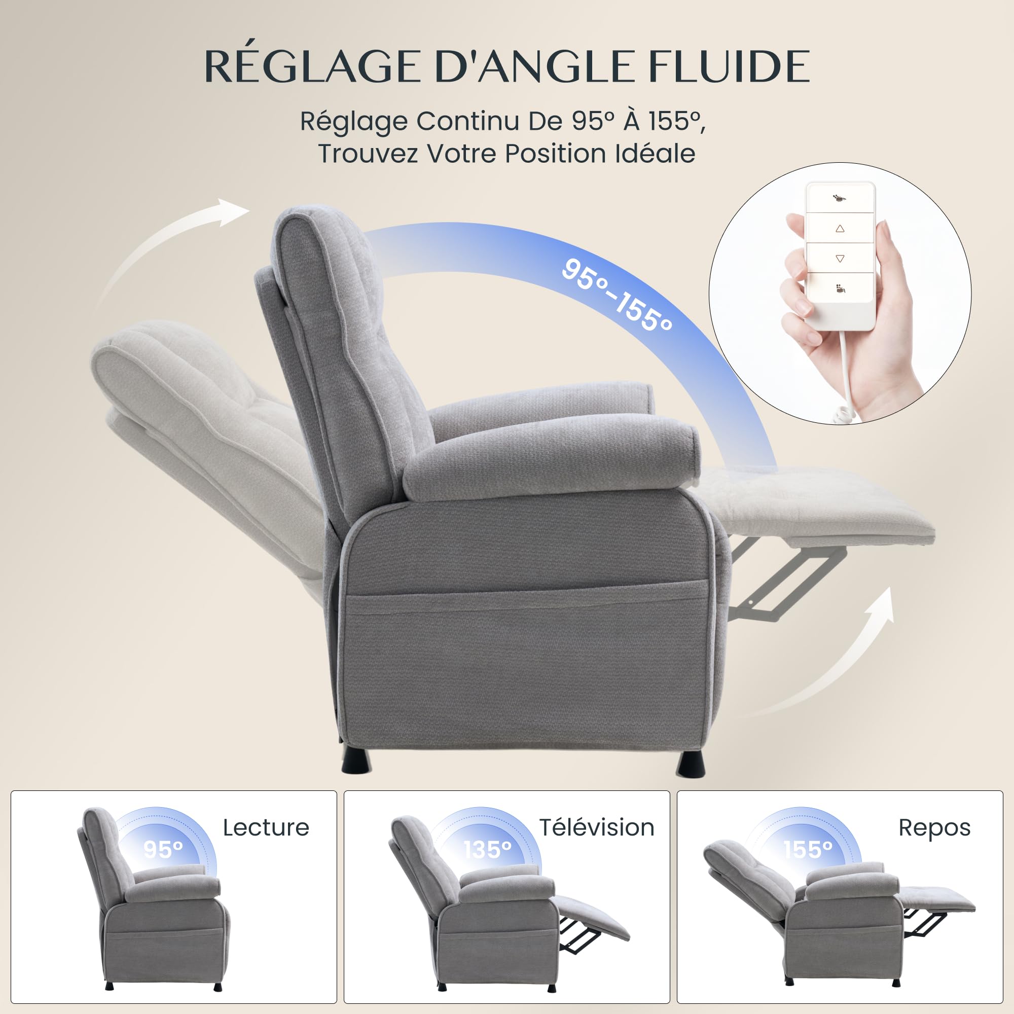 FLEXISPOT Elektryczny fotel relaksacyjny 95°–155° – 155°, uchwyt 150 kg, ergonomiczny fotel telewizyjny z podnóżkiem, regulowane oparcie, gruba wyściółka, kieszeń boczna, jasnoszary