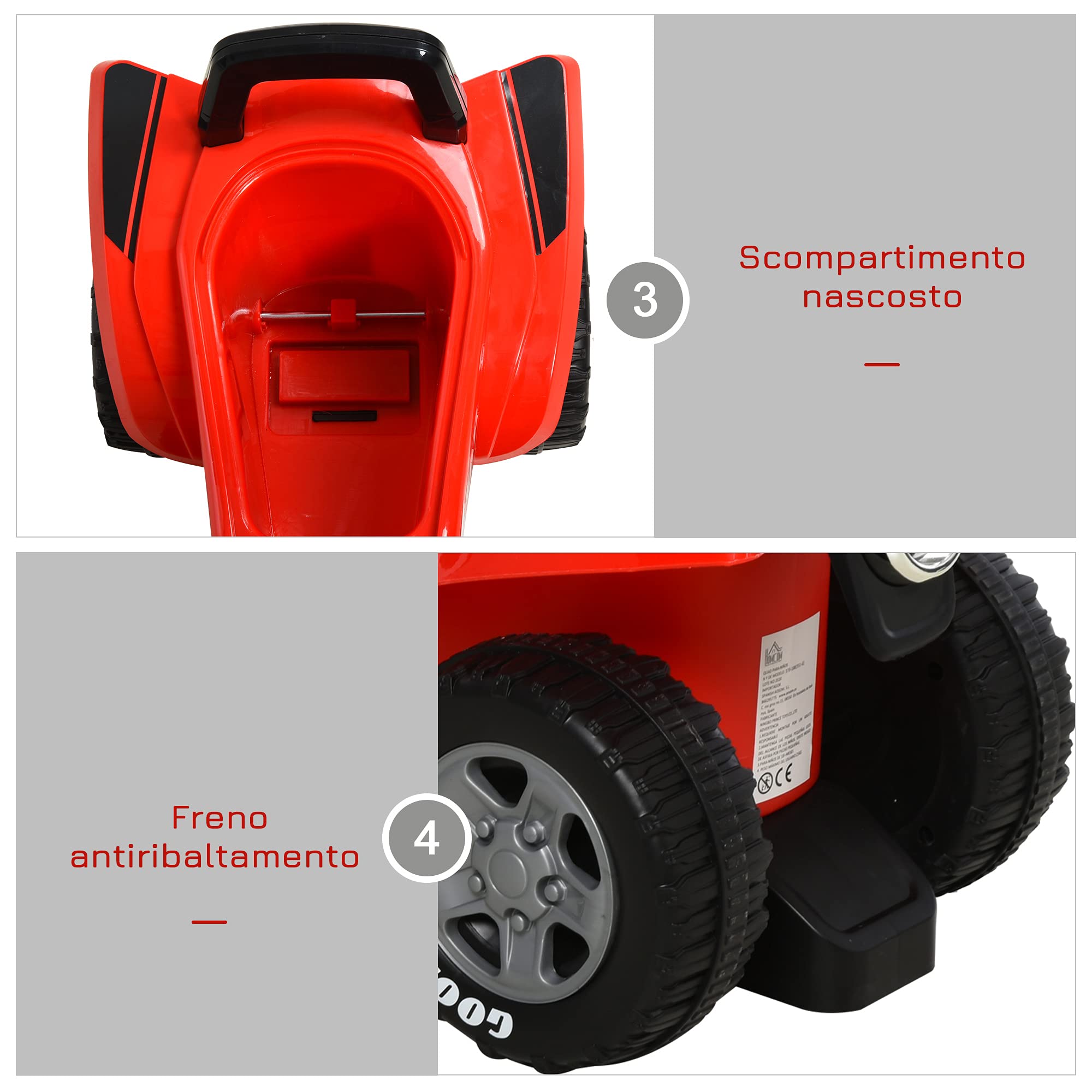 HOMCOM Quad Giocattolo per Bambini 18-36 Mesi con Licenza GOODYEAR con Luci e Suoni Realistici, Rosso e Nero, 60x31x42cm