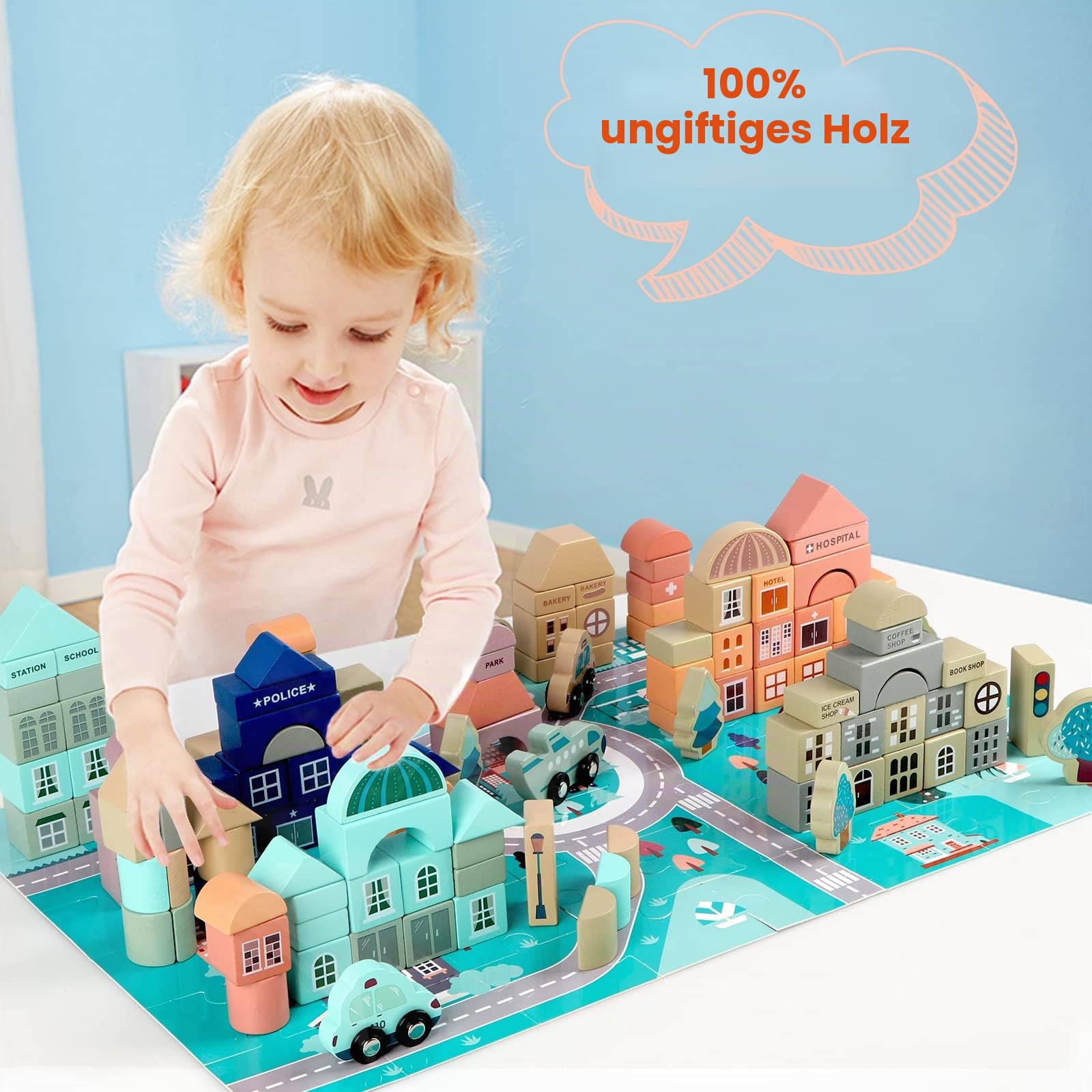 Jacootoys Holzbausteine ​​Kinder 133 Stück Stadtbau Konstruktionsspielzeug Alphabet Nummer Bauklötze im Baumwollbeutel Jungen Mädchen ab 3 Jahre