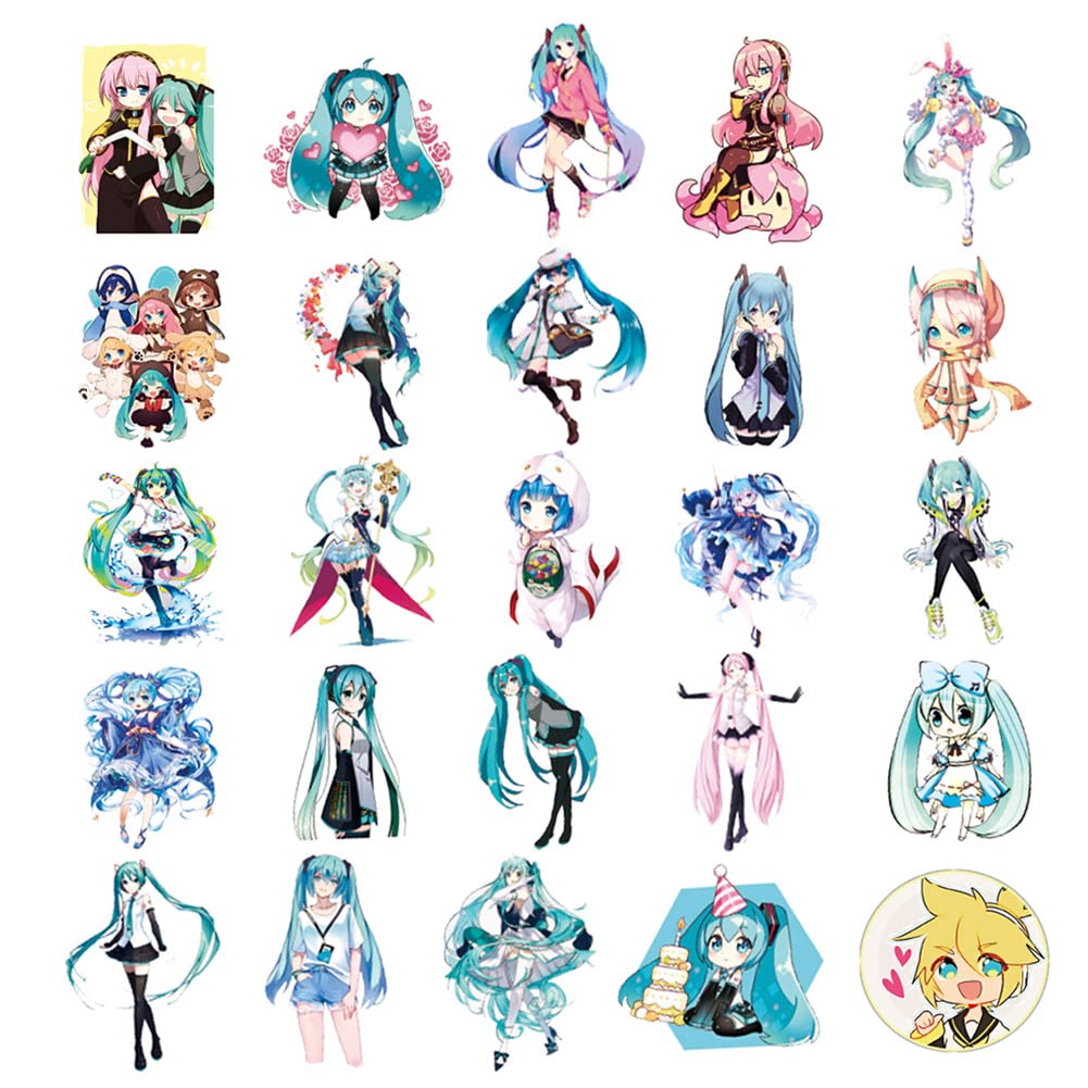 Hatsune Miku Lot de 50 autocollants pour bouteille d'eau, étui de téléphone portable, vélo, casque de protection en vinyle chanteuse virtuelle fille autocollants pour enfants et adolescents