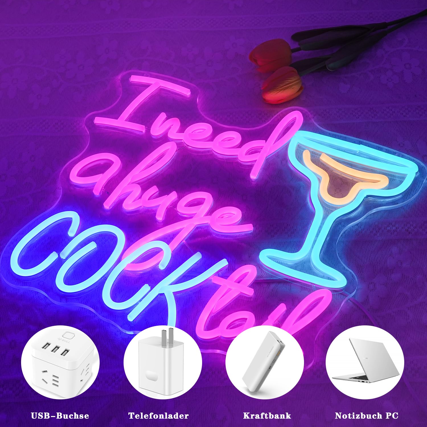 Cocktail Neon Schild für Wanddeko Letter Neon Licht Bar LED Schilder Bunte LED Lichter für Bar Küche Restaurant