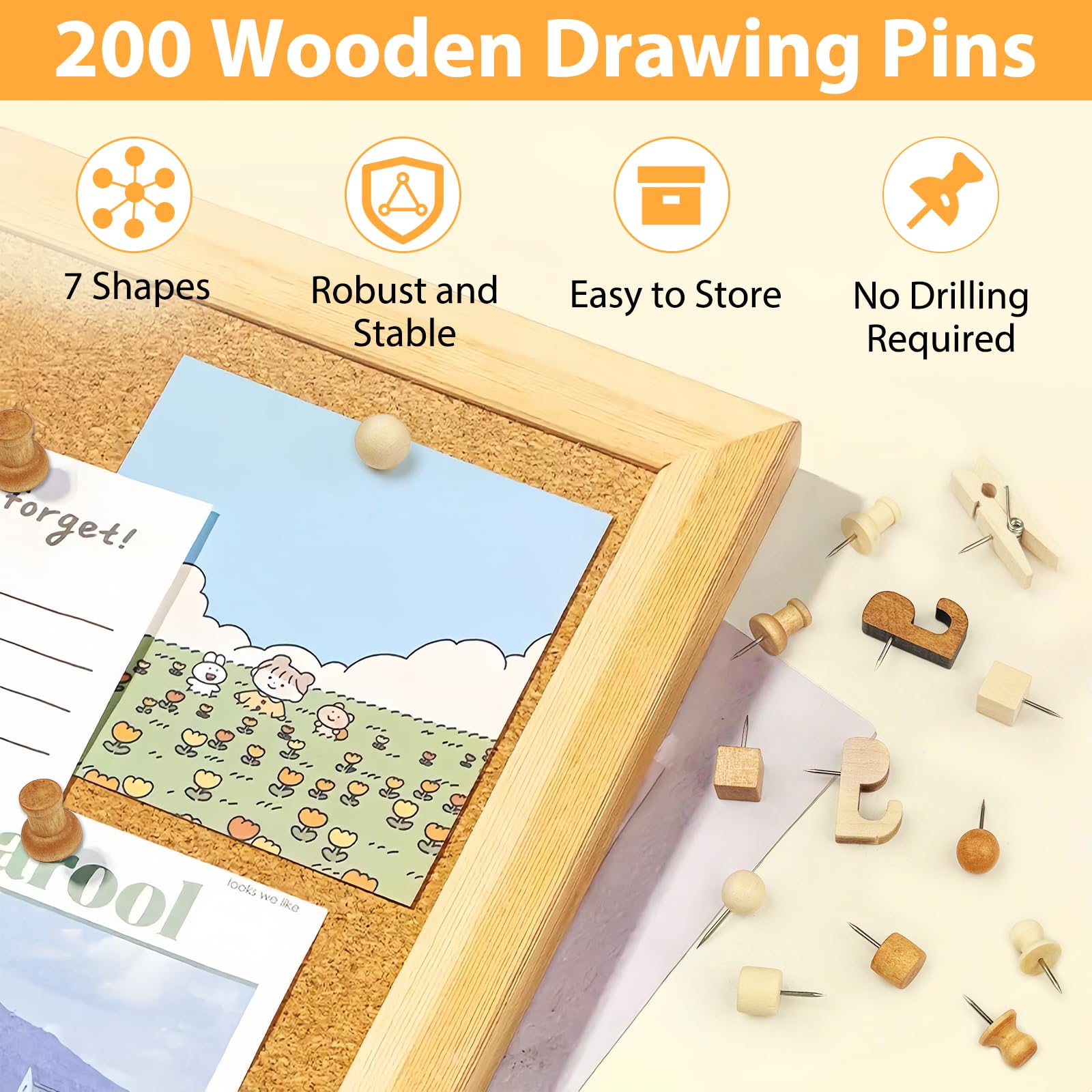 200 sztuk drewnianych pinezek do przypinania, do celów ryżowych, z pudełkiem z tworzywa sztucznego, 7 różnych rodzajów pinezek do tablic korkowych, do mocowania map, zdjęć, rzemiosła