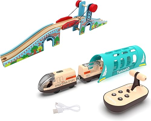 Tren locomotora a pilas con puente de elevación y túnel para pistas de madera, juego de tren compatible con Thomas, Brio, Chuggington