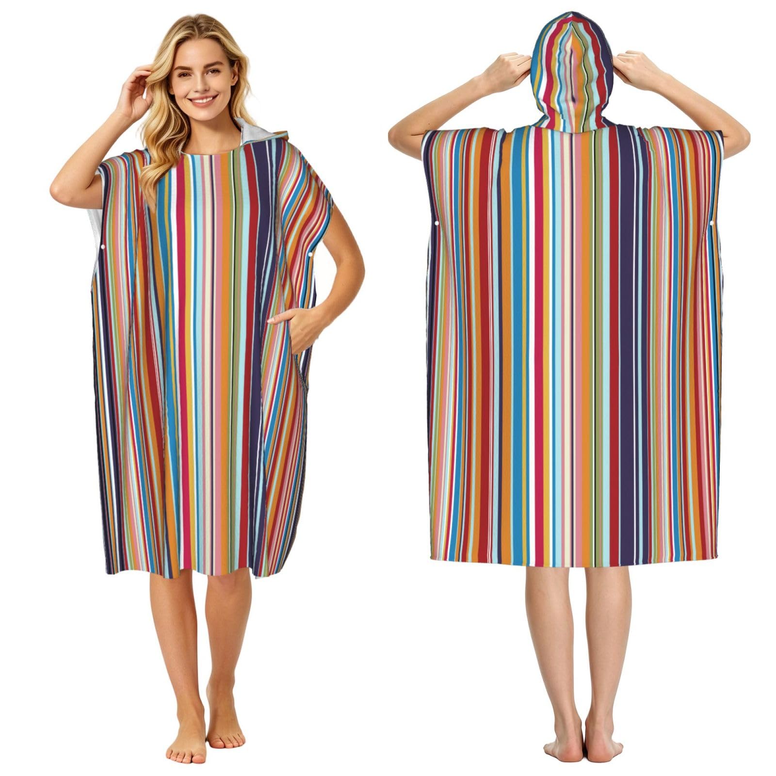 Poadnly Multi Coloured Stripes, Adult Hooded Beach Towel 90 x 110 cm,Changing Bath Robe, Surf Poncho Towel For Women Men