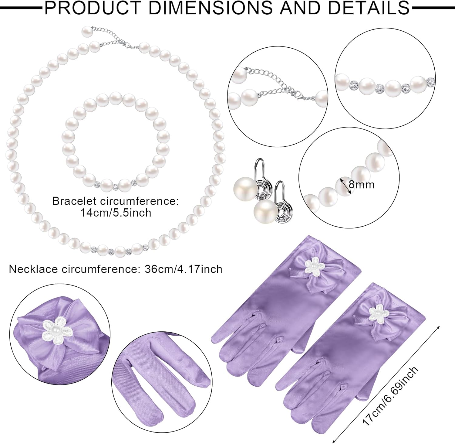 Junkin 5 Pcs Girls Tea Party Hats Gloves Pearl Necklace Bracelet Earring Fascinator Set Christmas Party Cosplay Accessories - Image 2