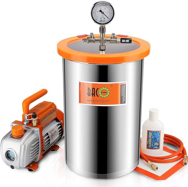 BACOENG 19 Liters Vacuum Chamber Kit with 3 CFM Single Stage Vacuum Pump, 3 Pin UK Plug