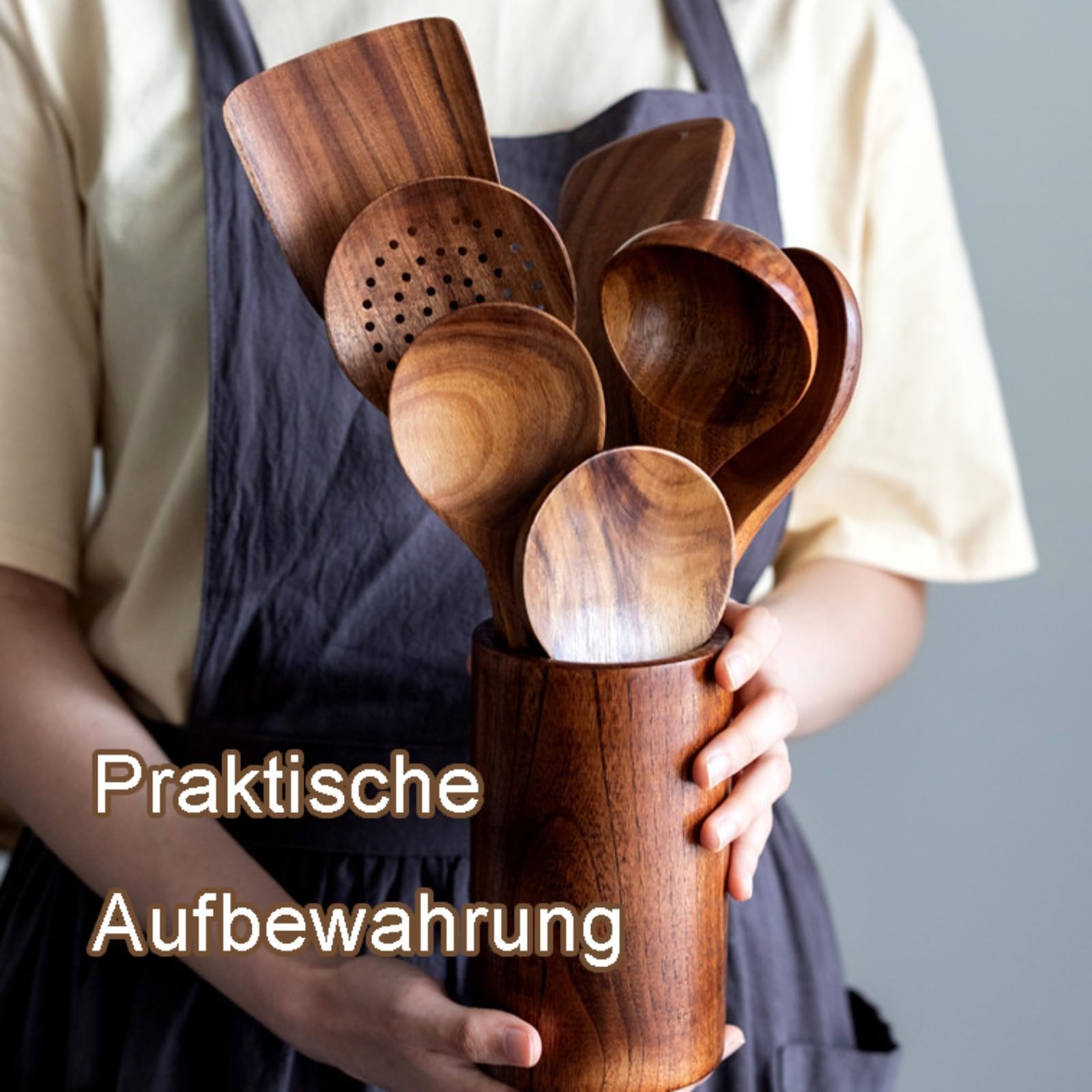 Holz Kochbesteck Set, Küchenhelfer Set aus Teakholz, 8 teiliges Premium Kochlöffel Set, Holzspatel zum Kochen, Rühren und Braten für die Küche
