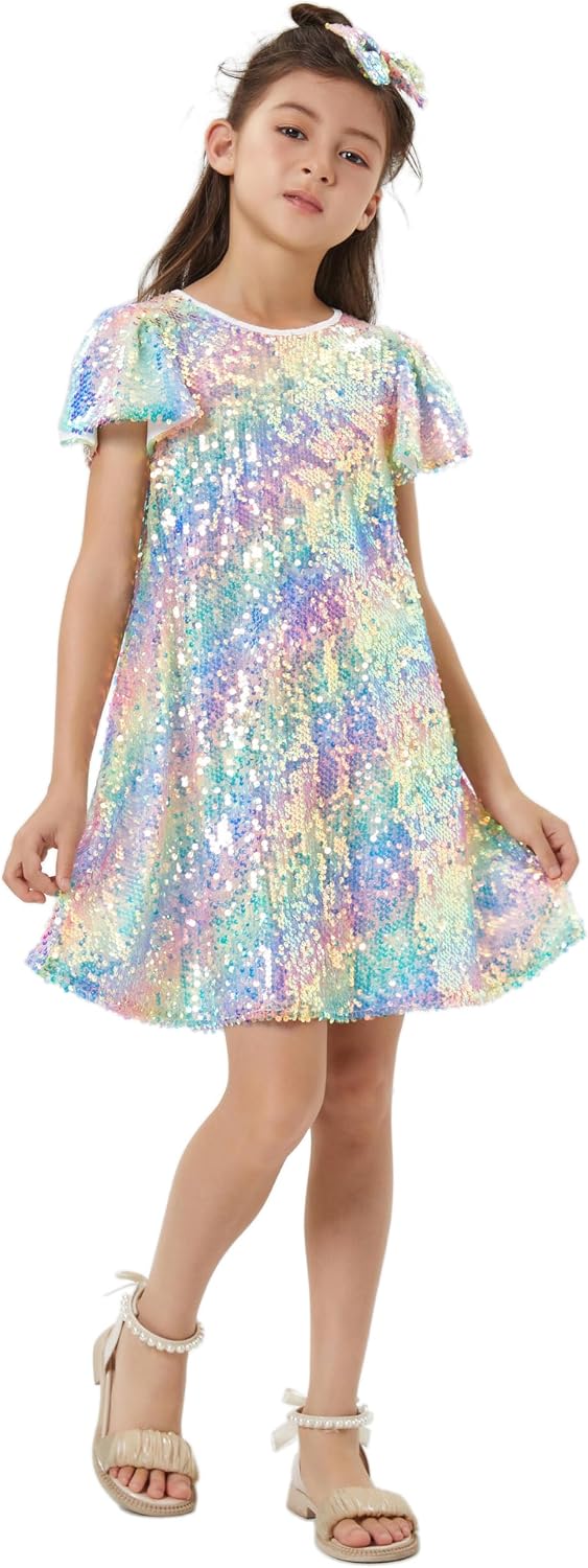Girls Sequin Dress Shiny Short Flutter Sleeve Midi Sparkly Party Dress with Hairbow