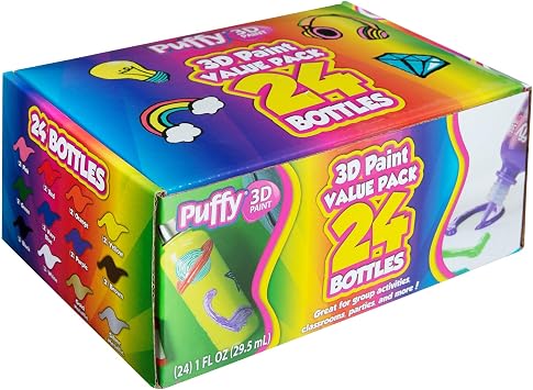 Puffy Paint Fabric Paint Set, 24 1 fl oz Bottles of Orignal Paint, 3 Stencils & 2 Paintbrushes, 3D Puff Paint Permanent Fabric Paint For Clotes, Multisurface, Rainbow Colors