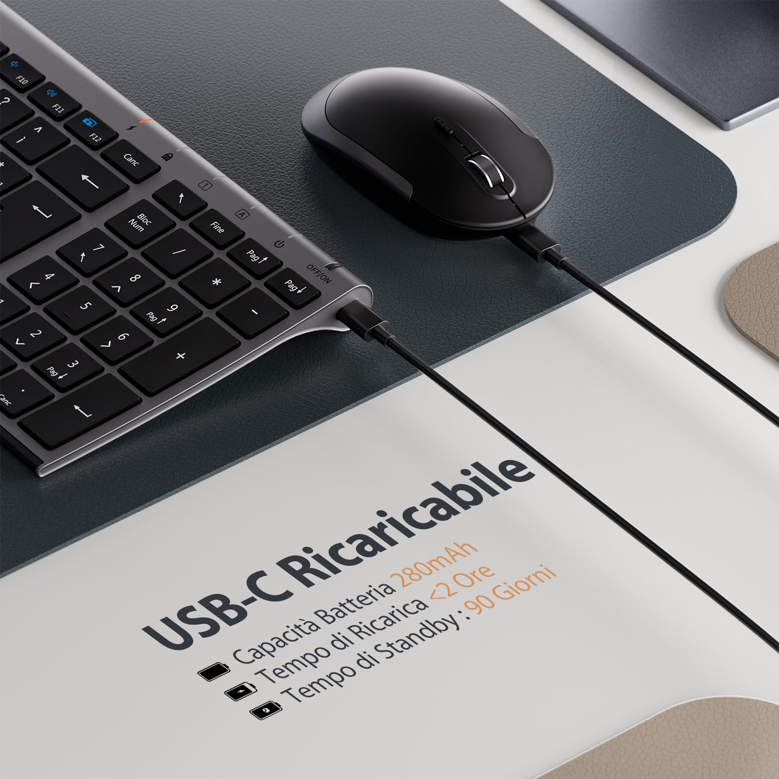 iClever Tastiera e Mouse Wireless - Tastiera e Mouse Portatili Wireless 2.4G, Batteria Ricaricabile Design Ergonomico Dimensioni Regolari Sottile Connessione Stabile DPI Regolabile (Grigio e Nero)