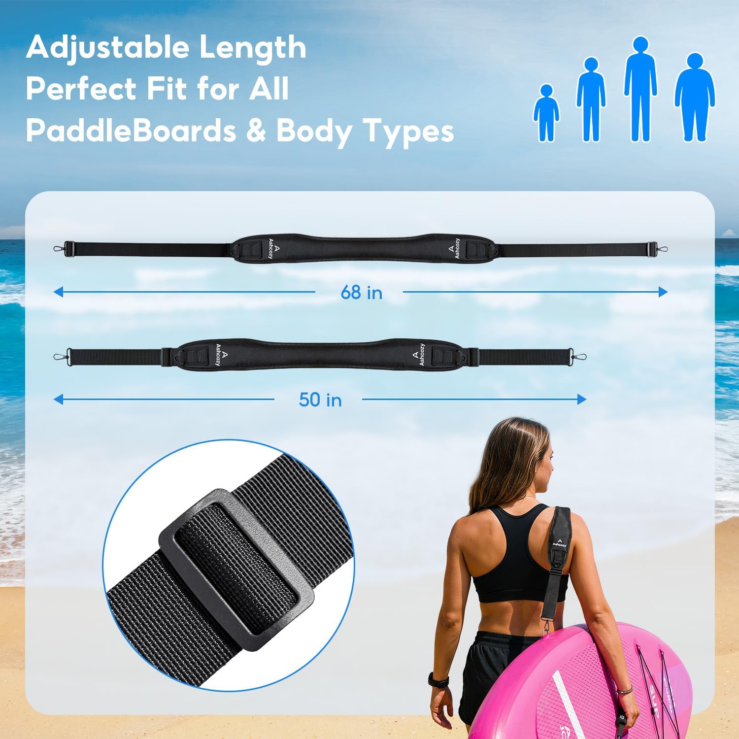 Paddle Board Carrying Strap, Padded Soft Foam Comfortable SUP Carrying Strap with Heavy-Duty Zinc Alloy Hook, Adjustable Shoulder Strap for Paddleboard, Hands-Free Paddle Board Accessories