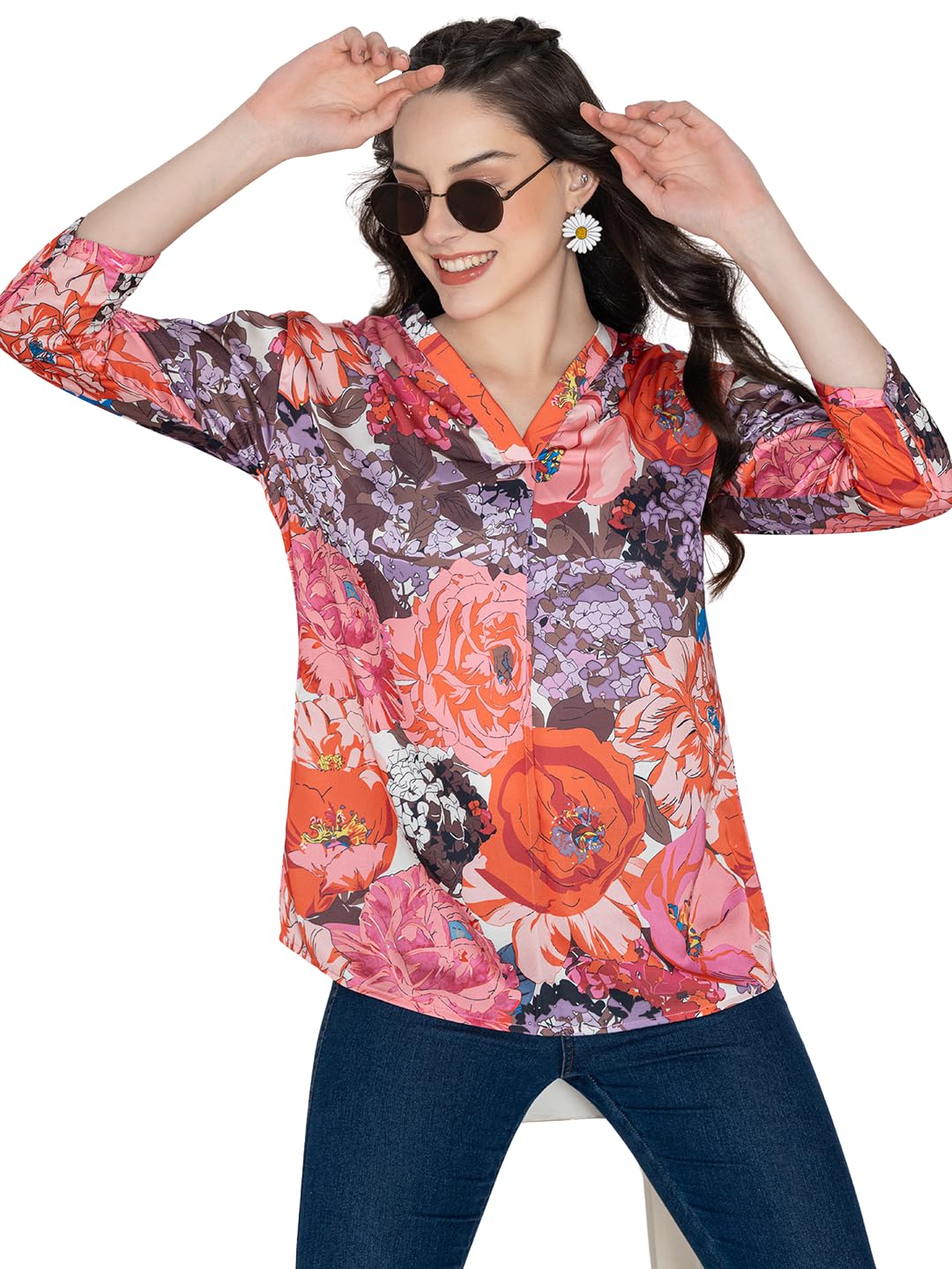 lounge dreams Pink Floral Printed Satin V-Neck Women's Top-picture-17