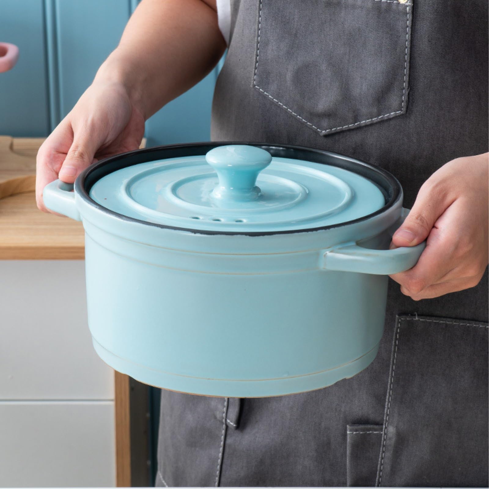 Casserole en céramique avec couvercle = faitout domestique binaural haute température vert -3.6L rond