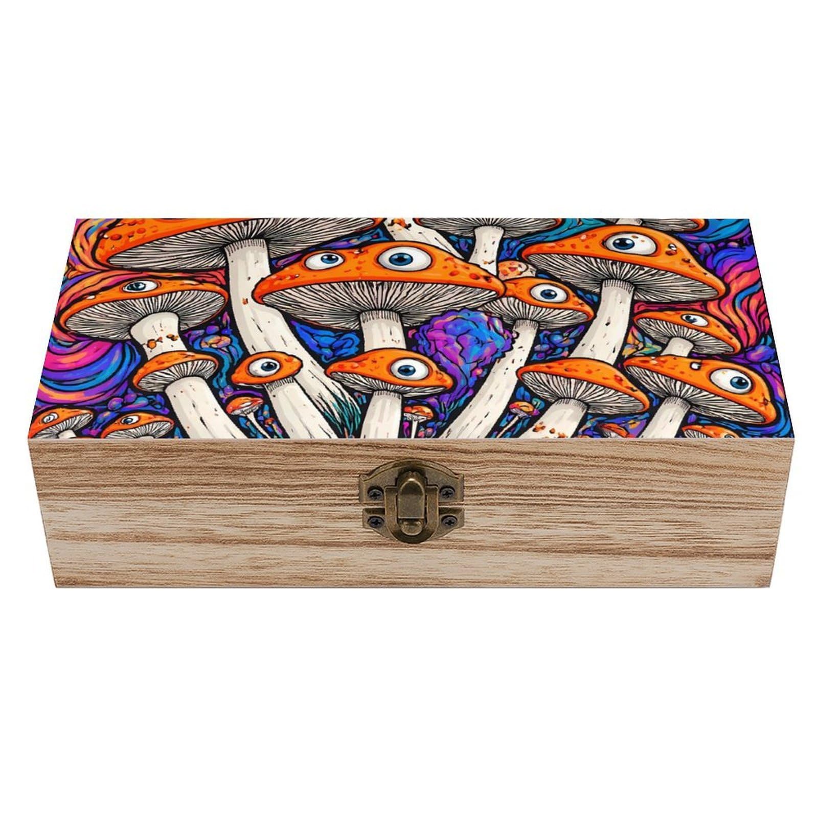 SMAZDFXX Trippy Mushroom Wooden Storage Box With Hinged Lid Decorative Front Clasp Keepsake Boxes