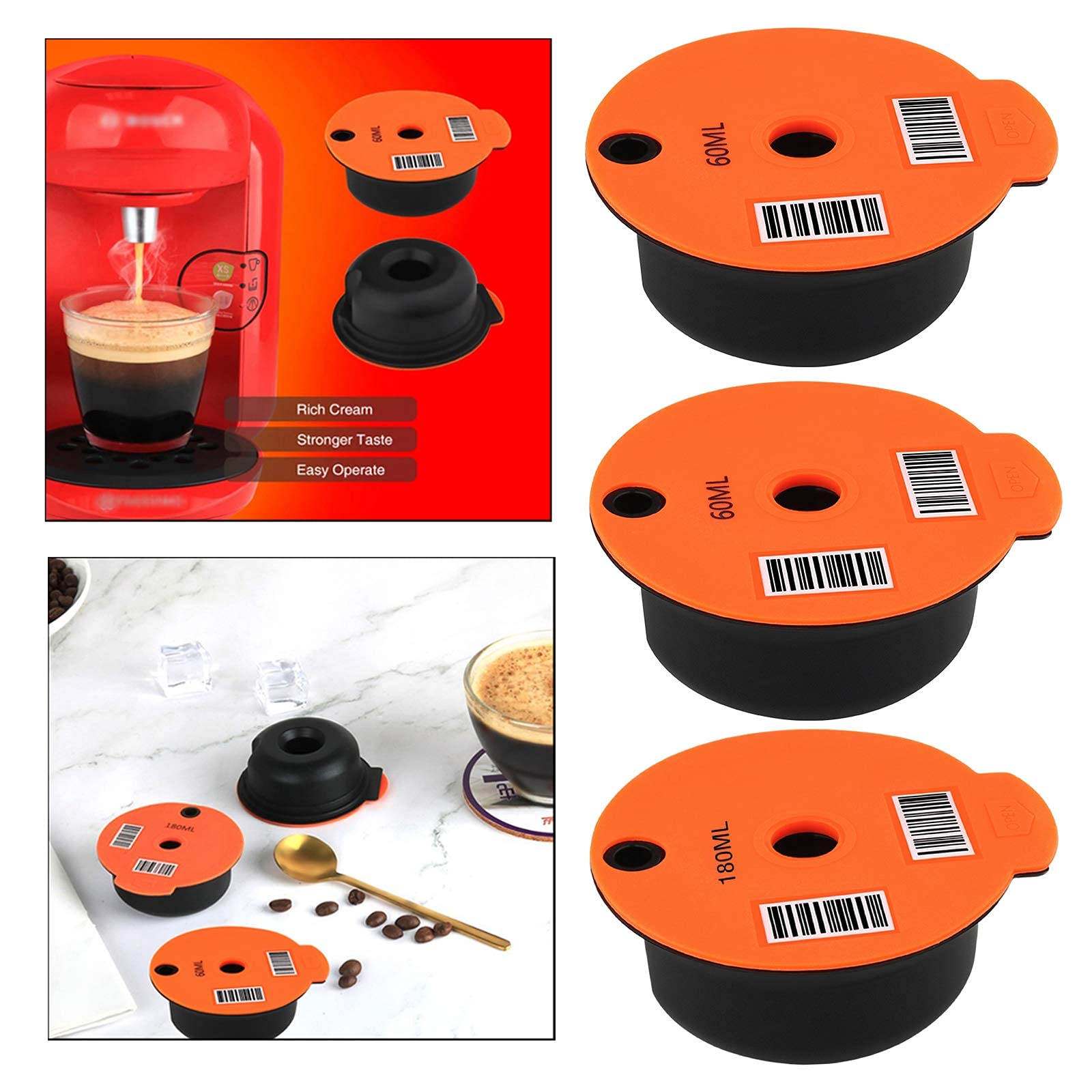 Cápsulas de café de plástico reutilizables recargables para Bosch Tassimo, hogar, oficina, cafetería (2 unidades de 60 ml + 180 ml)