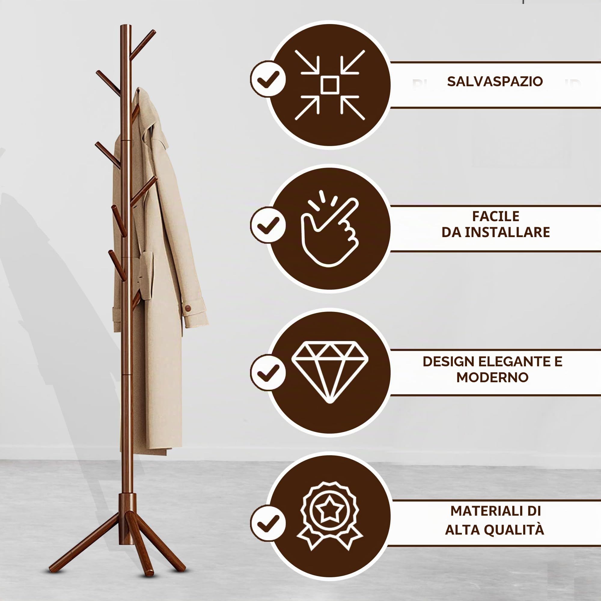 Bayt Attaccapanni da Terra Regolabile 175 cm – Appendiabiti Verticale in Legno Marrone con 8 Ganci, Design Salvaspazio e Moderno per Ingresso, Camera o Ufficio
