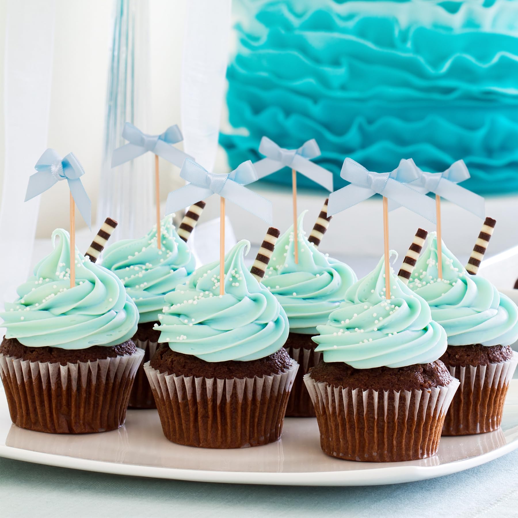 Baby Blue Bow Cupcake Toppers 20 Pcs - Satin Bowknot Cake Decorations For Birthday Wedding Parties