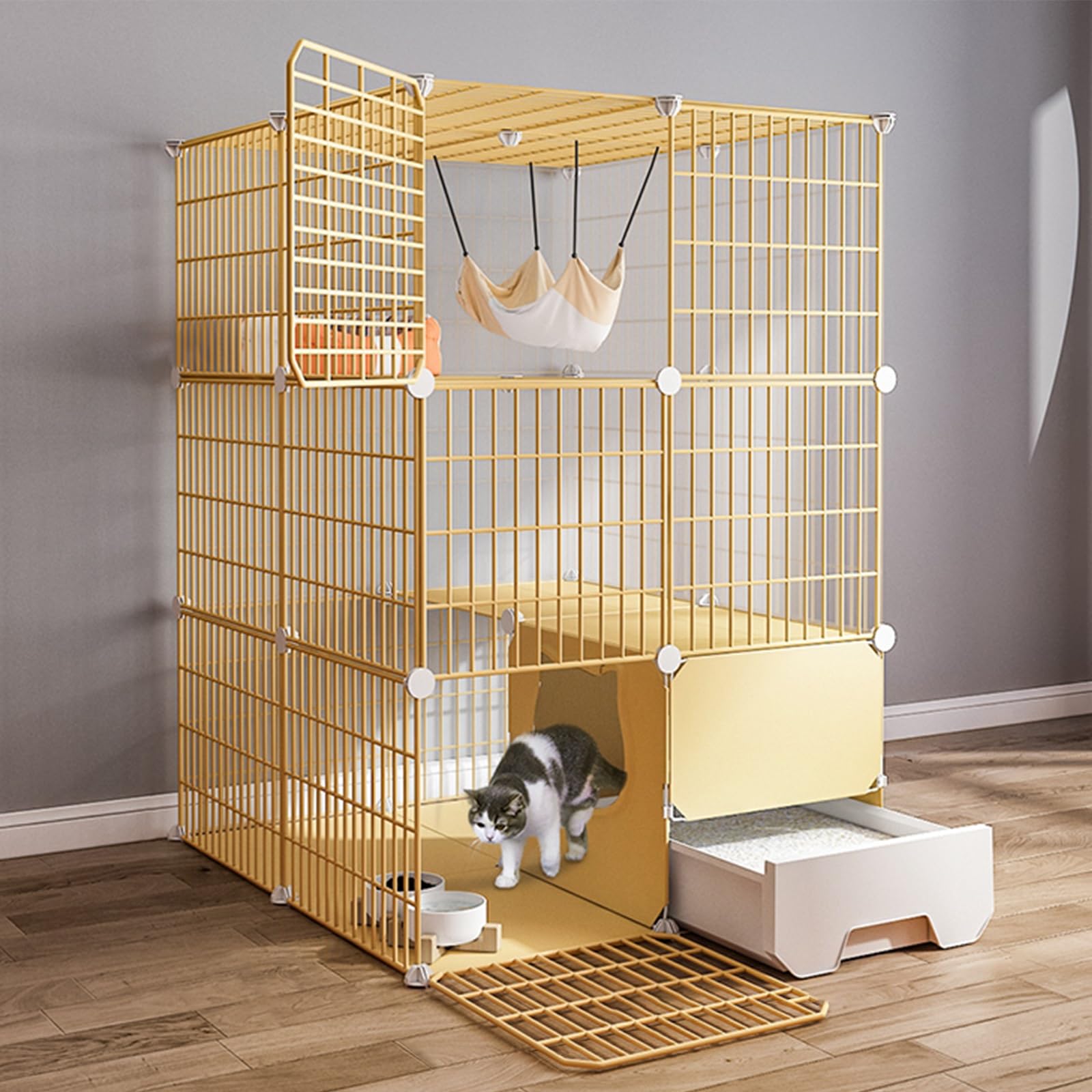 Cage pour chat intérieur métal détachable avec bac litière | Grand enclos modulable