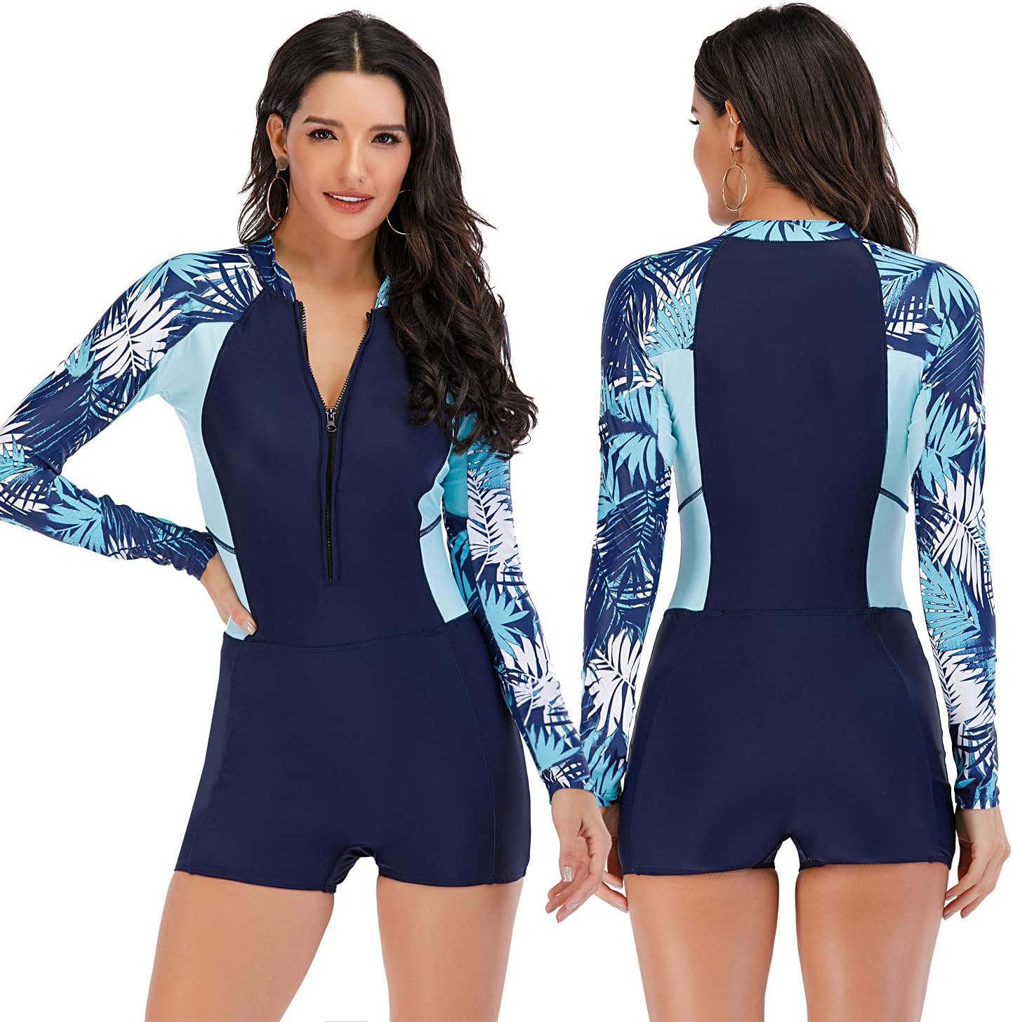 SkadeWomen's One Piece UV Protection Surfing Swimwear Long Sleeve One Piece Swimsuit with Boyleg Bottom