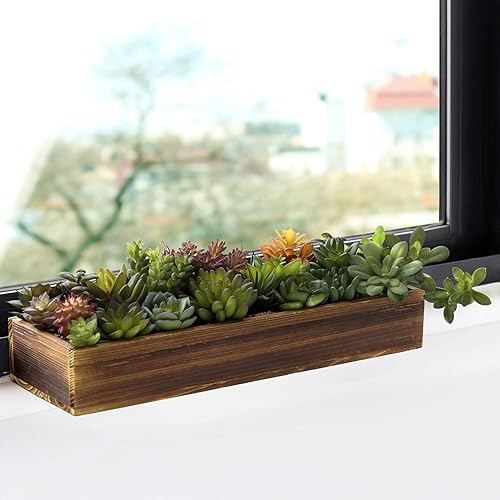 Miniatura 4 de MyGift Centro de mesa de suculentas artificiales plantas de arreglo de suculentas sintéticas de 1575 pulgadas en caja rectangular de madera quemada