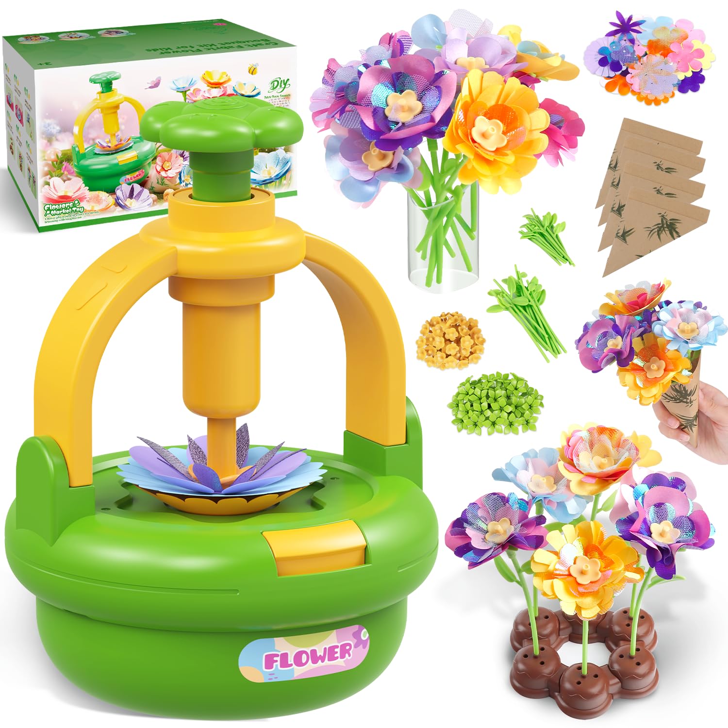 TingingYuli Set di artigianato per bambini dai 4 agli 8 anni, mazzi di fiori di stoffa fai da te, bouquet esclusivi per ragazze dai 3 ai 9 anni e regalo di compleanno (Green)