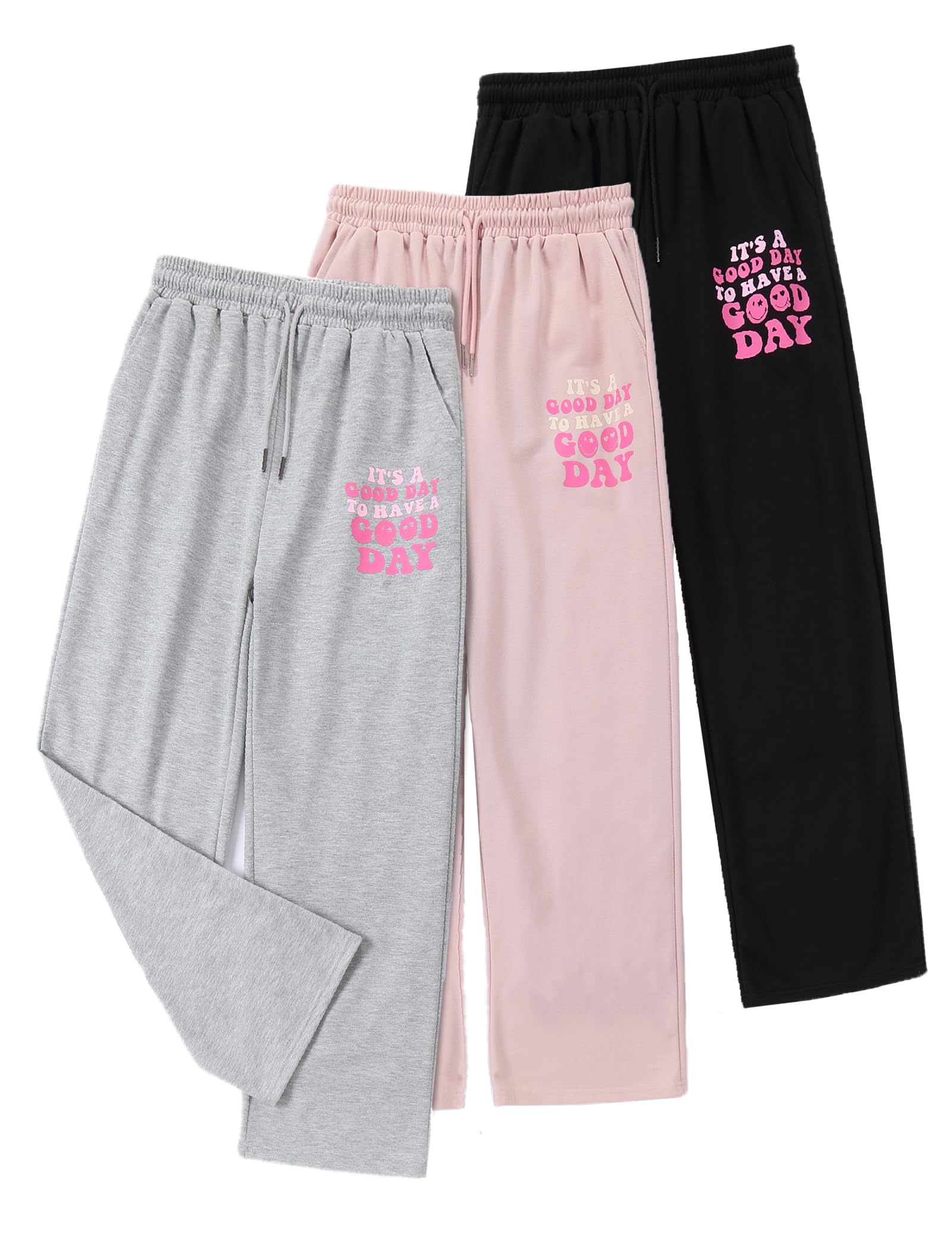 EXARUS 3 Pack Girls Sweatpants Joggers Teen Sweat Pants Wide Leg