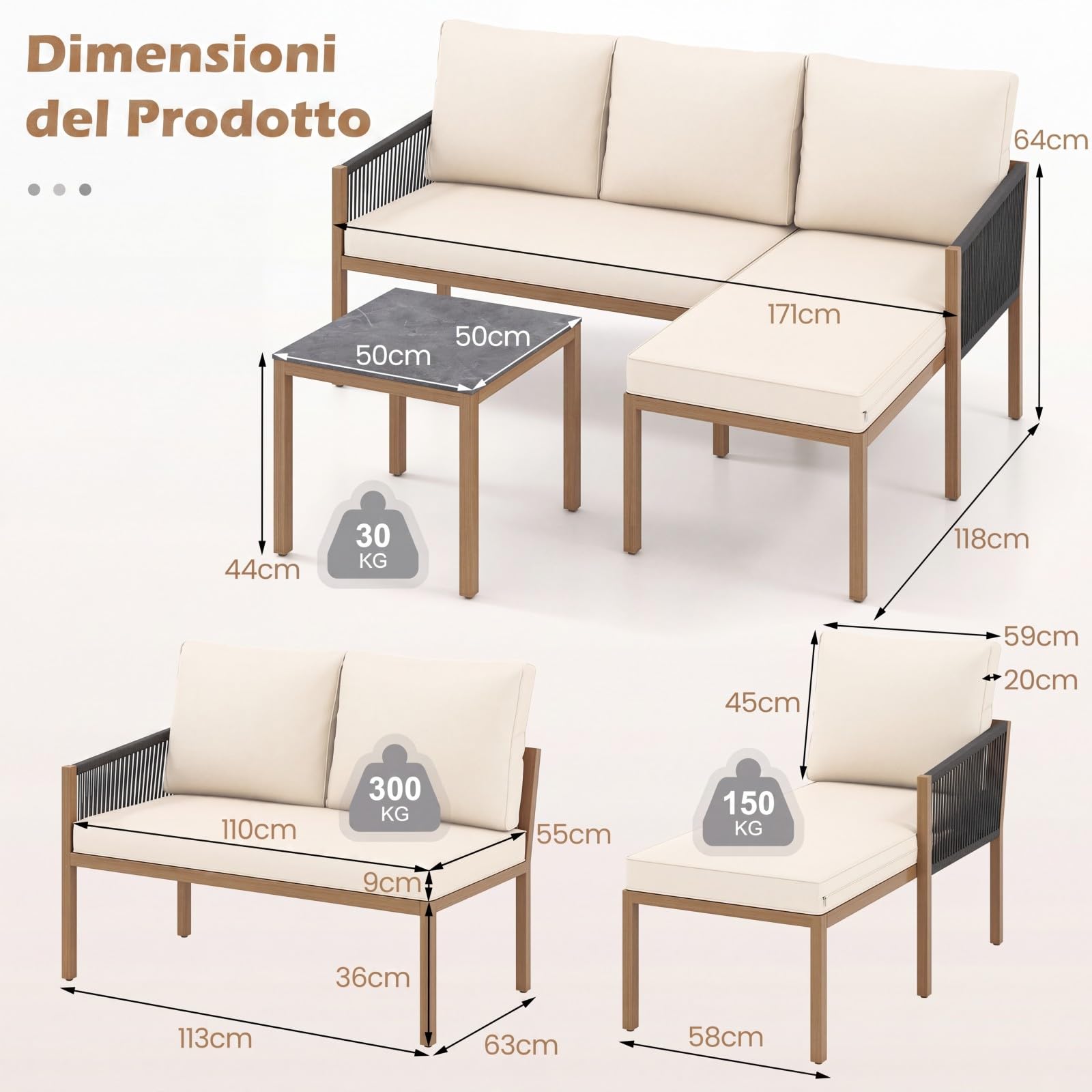 COSTWAY Set di Mobili da Giardino 3 Pezzi, Salotto da Esterno con 2 Divani Componibili a forma di L e Tavolino da Caffè, Set da Conversazione da Esterno con Cuscini Sfoderabili, per Patio e Terrazzo