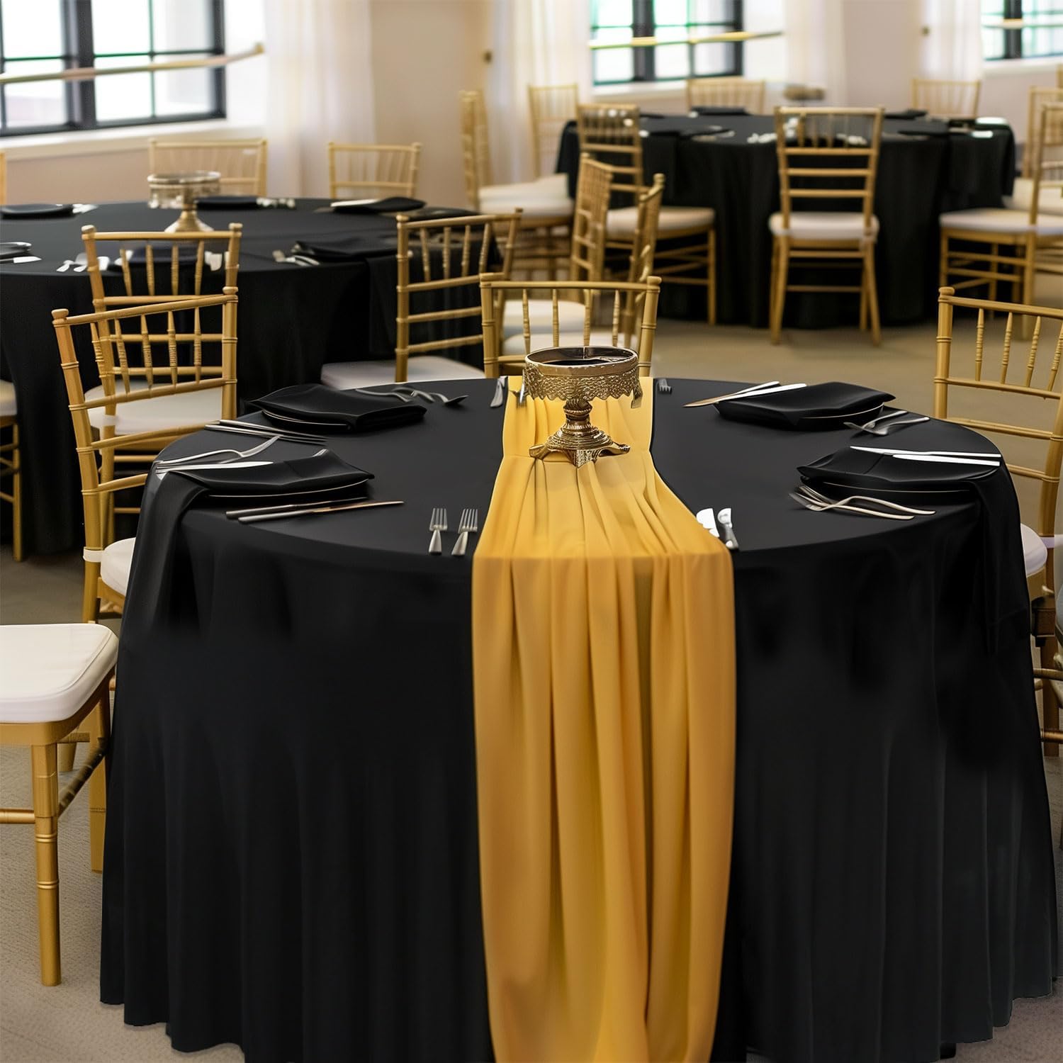 12 Pack 132inch Black Round Tablecloth, Circle Stretch Table Cloths for 6 FT Tables, Wrinkle Free Round Table Skirt for Wedding Birthday Photography Graduation Ceremonies Retirement Party Decorations