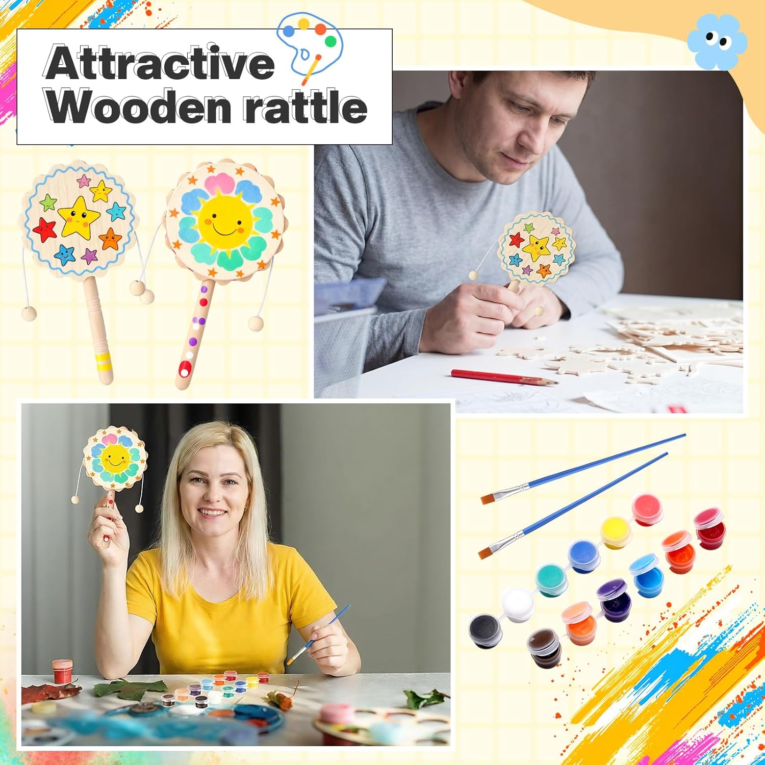 Arrowbash 24 Pcs DIY Rattle Set, Unfinished Blank Wooden Rattle, 6.3 x 3.35 Inch Hand Drum Craft Kit Suitable for Art Painting Education, Social Emotional and Sensitivity