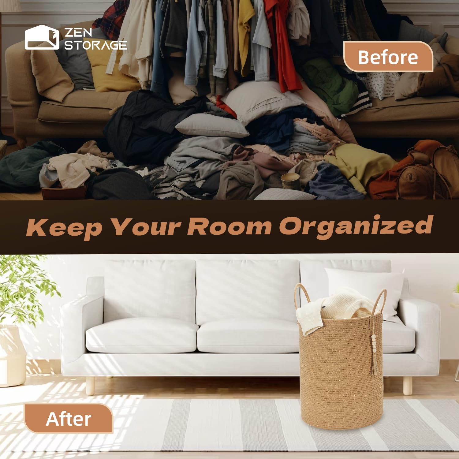 Jute Rope Laundry Hamper, Tall Woven Laundry Basket with Handles, Round Baby Laundry Hamper Aesthetic for Clothes Toys Blankets Pillows with Wooden Hanging Bead