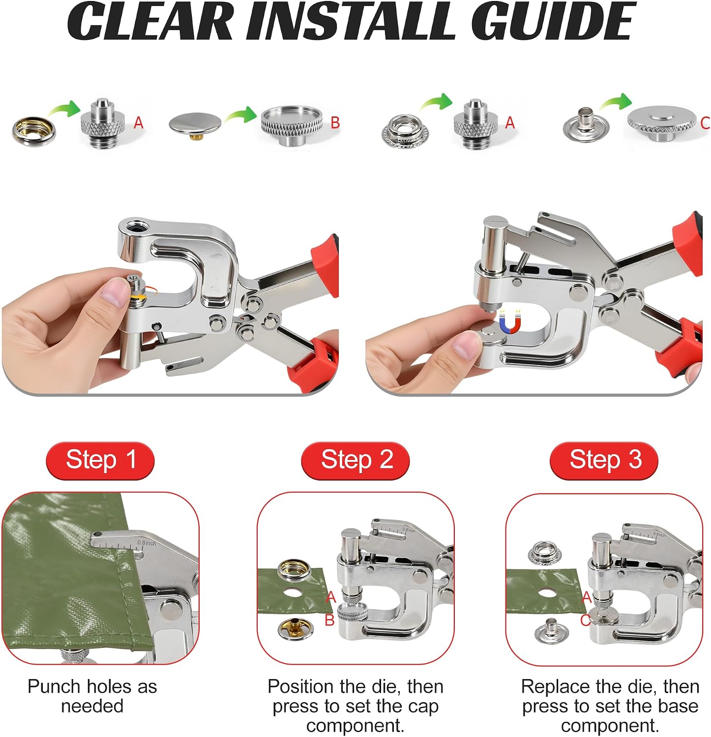 Snap Fastener Tool Kit – Heavy Duty Snap Pliers with Built-in Punching for Canvas, Leather, Fabric – Includes 60 Sets 15mm Metal Snaps, 40 Sets Screw Snaps for Boat Cover, Tarp, Tent, Clothing