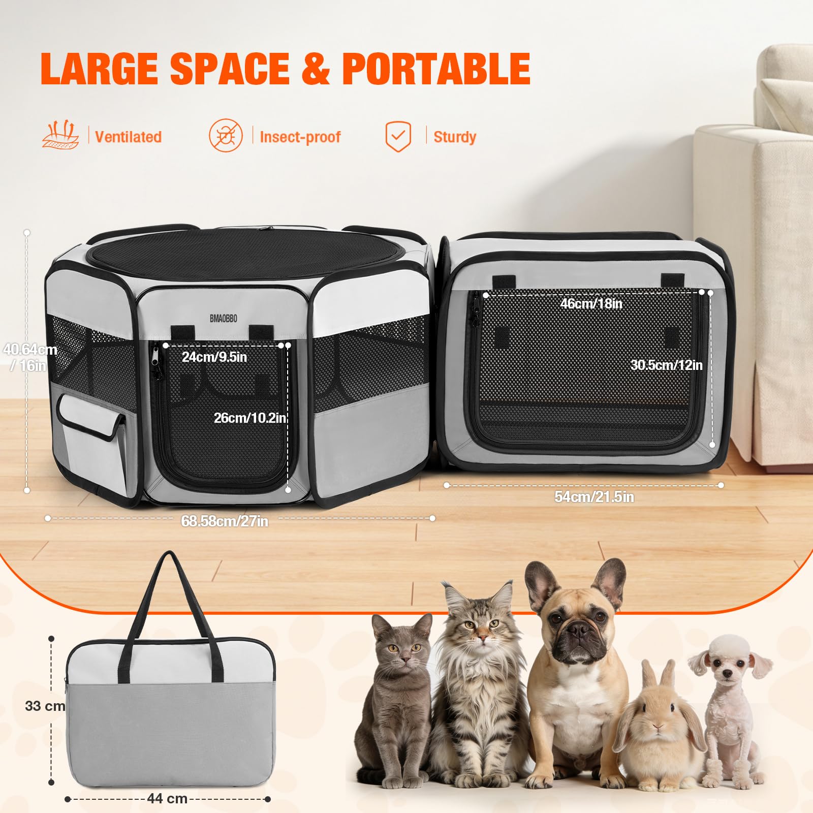 Corralito portátil 2 en 1 para gatos, 48 x 26 x 26 pulgadas, corralito grande para mascotas con caja de arena desmontable, perrera desplegable para interiores y exteriores, para gatos, perros pequeños