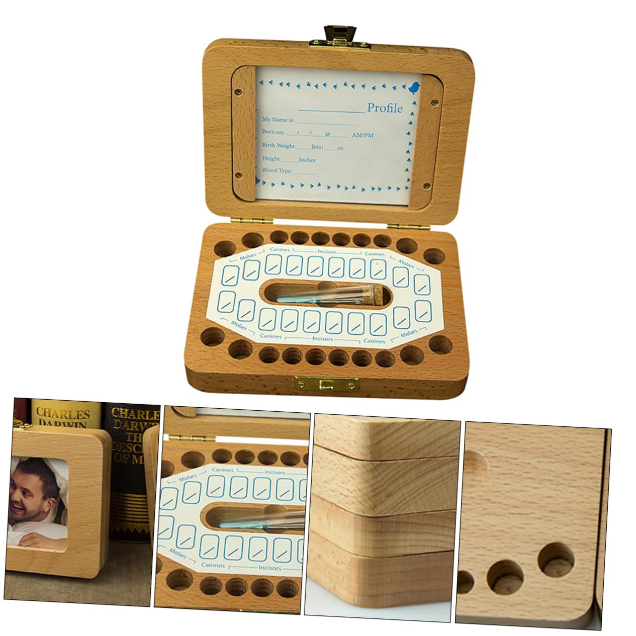 Caja para Dientes de Leche de Madera 1 Juego para Bebés | Incluye Stickers, Guarda Fotos de Ñiño y Datos de Nacimiento, Espacio para Pelo Fetal, Formato Infantil