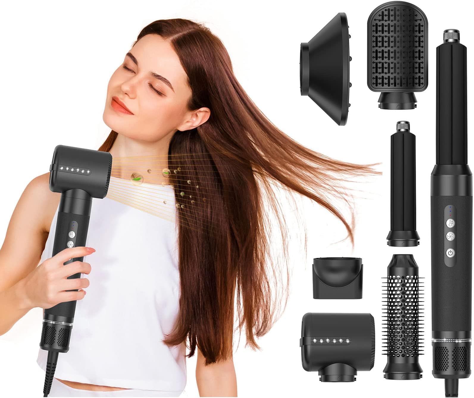 7 in 1 Hair Styling Tools - Lightweight, ALCI Safety Plug, Black, Hair Dryer, Left-Right Curly Hair, Straight Hair Comb, Twist Comb, Wind Hood Concentrator