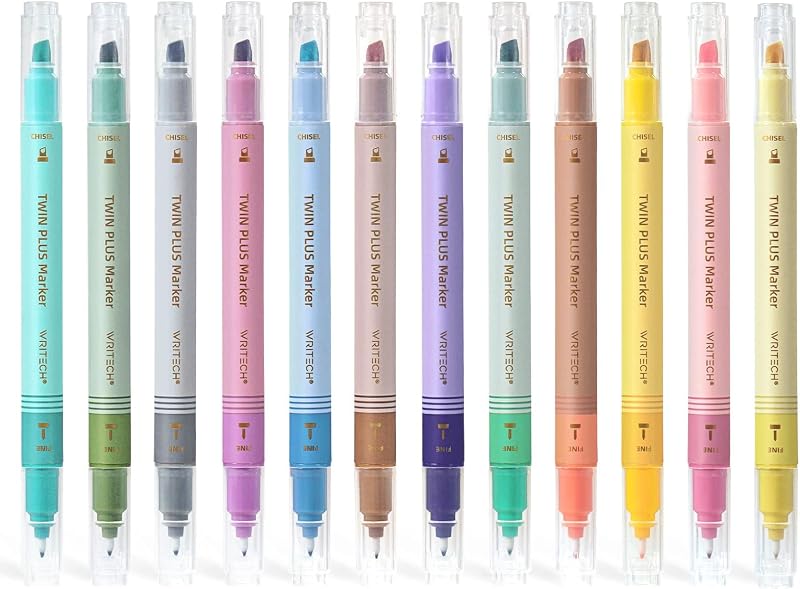 Dual Tip Highlighter Markers: Fine Point & Chisel Tip Vintage 12ct | No Bleed Assorted Aesthetic Gradient Barrel Dual Tip Design for Artists Handcraft Fans Journaling Bible Highlighting