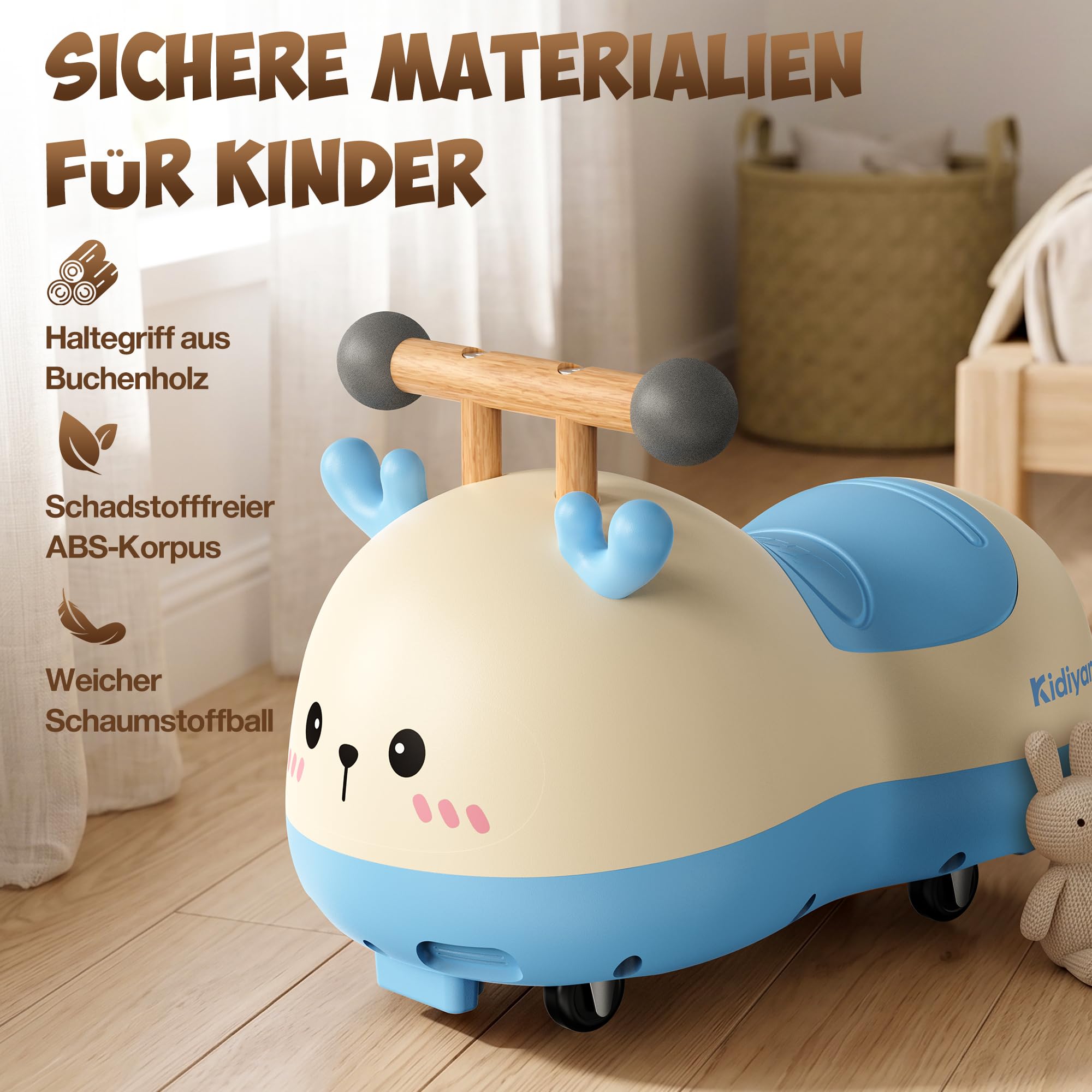 Rutschauto für Babys und Kleinkinder ab 10 Monaten, Hirsch Rutschfahrzeug mit 4 Rädern, Kinderrutscher, Sitzfahrzeug mit Buchenholzgriff, ABS-Korpus, 360 Grad Rollen, bis 30 kg