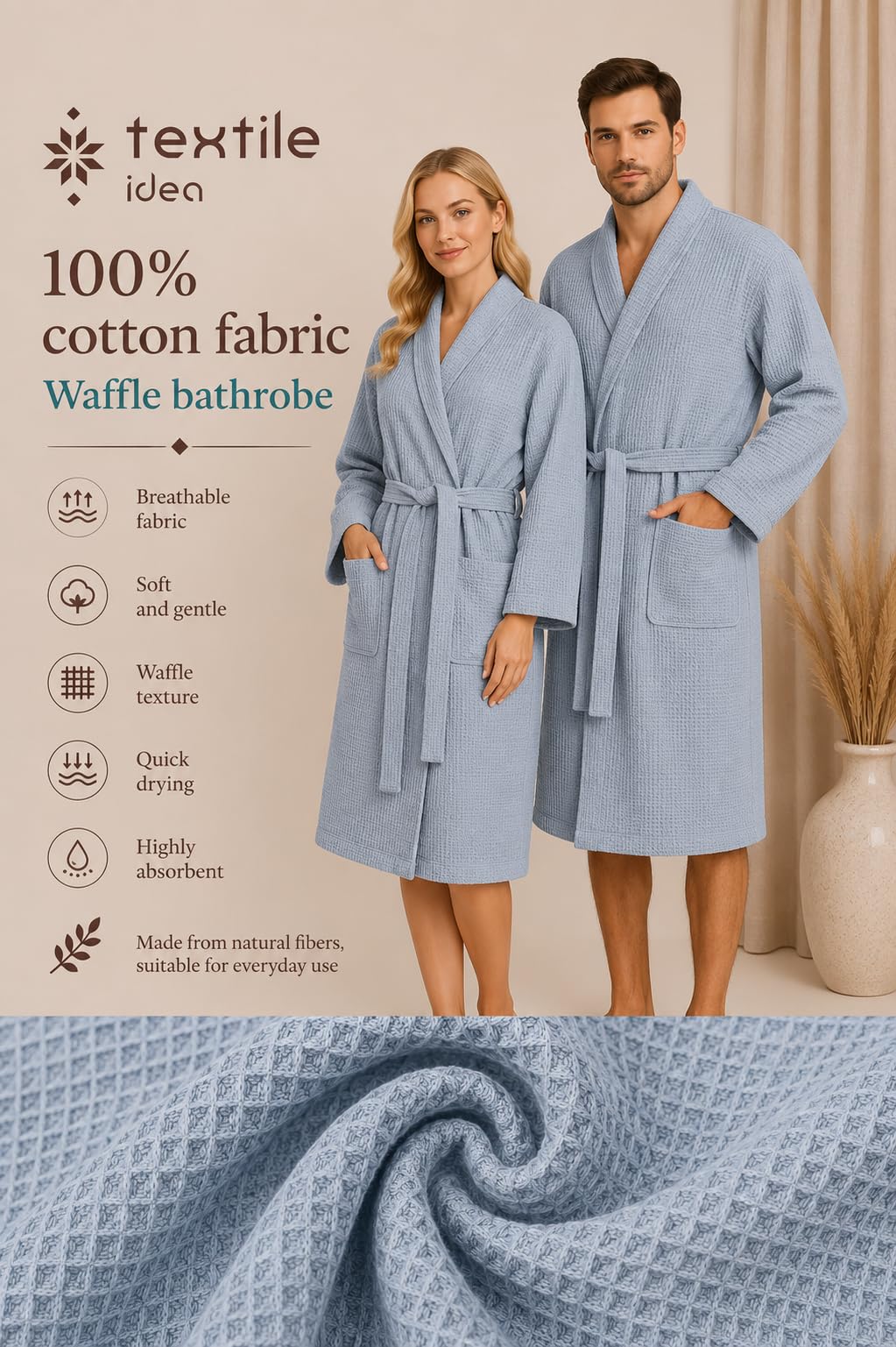 Bademantel Damen und Herren Baumwolle 100% - SPA & Sauna Bademantel Waffelpique, Saugfähig Morgenmantel, Oversize, Unisex