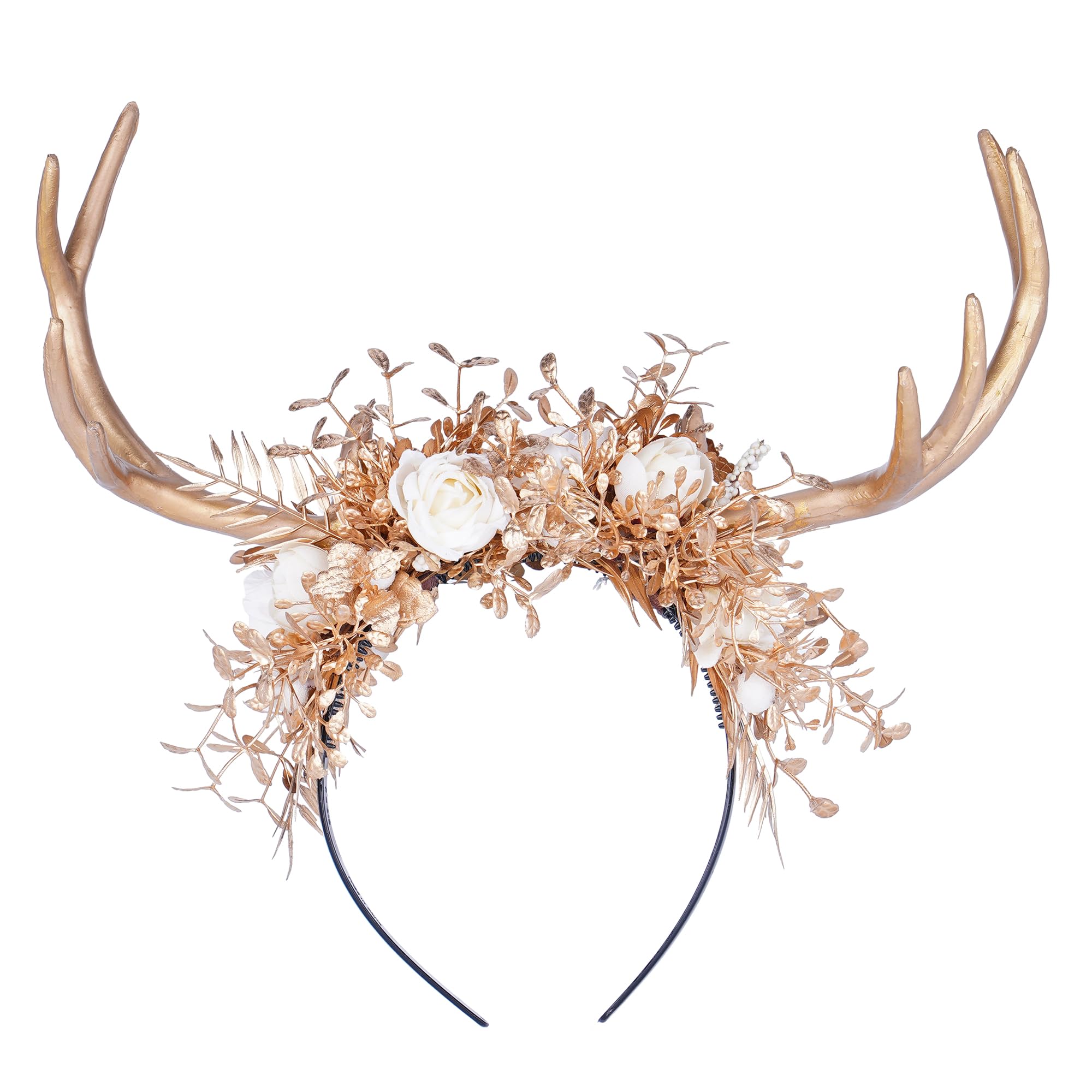 MOSTORY Gold Antlers Headband Deer Headdress for Renaissance Costume Women, Deer Headpiece with Flowers for Fairy Cosplay Carnival Halloween Festival Hair Accessories
