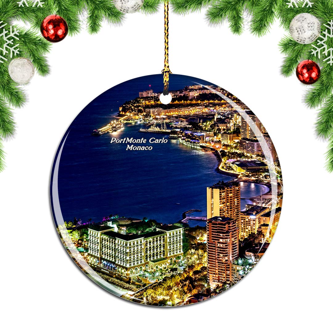 WeekinoWeekino Monte Carlo Harbor Monaco Christmas Xmas Tree Ornament Decoration Hanging Pendant Decor City Travel Souvenir Collection Double Sided Porcelain 2.85 Inch