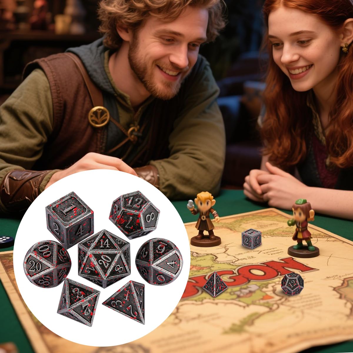 Set di Dadi in Metallo D&D, 7 pezzi di Dadi Poliedrici in Metallo, Accessori per Giochi di Ruolo, Regali DND con Scatola Regalo, D20, D12, 2 D10 (00-90 e 0-9), D8, D6 e D4, Argento Macchiato di Sangue
