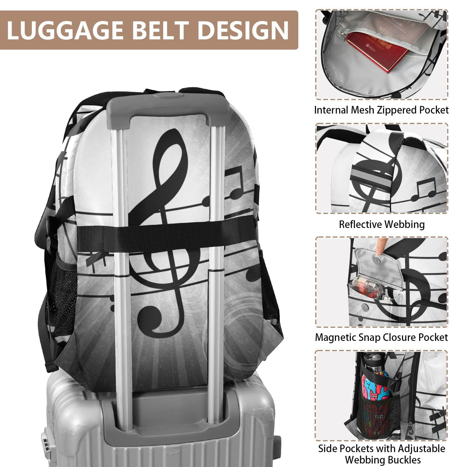 Mnsruu Musiknoten-Schulrucksack mit Laptopfach, große Schultasche für Teenager, Mädchen, Jungen, 17,5 cm Reiserucksack, Rucksack für Schule, Freizeit, Tagesrucksäcke, College, Arbeit