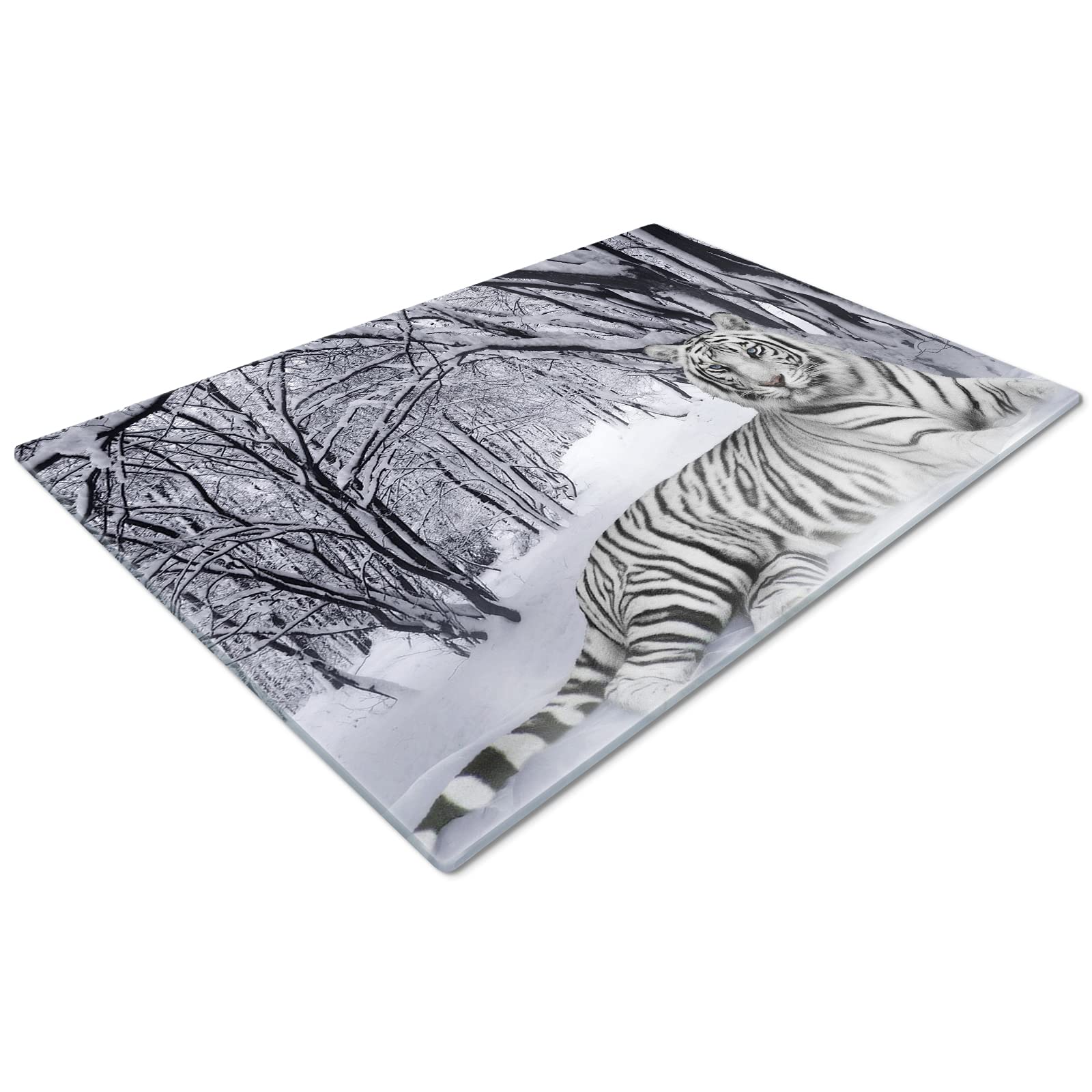 Glass Chopping Board | Kitchen Worktop Protector | Multifunctional Cutting Board | Work Top Savers | Kitchen Accessories | Extra Large | Snow White Tiger Winter