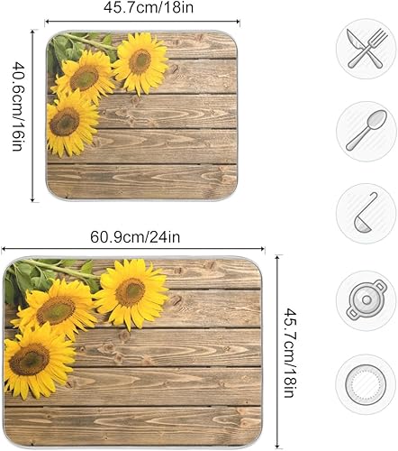 Miniatura 3 de Tapete de secado de platos, girasoles en madera, tapete de secado reversible absorbente de flores, tapete de secado de platos, tapete para secar